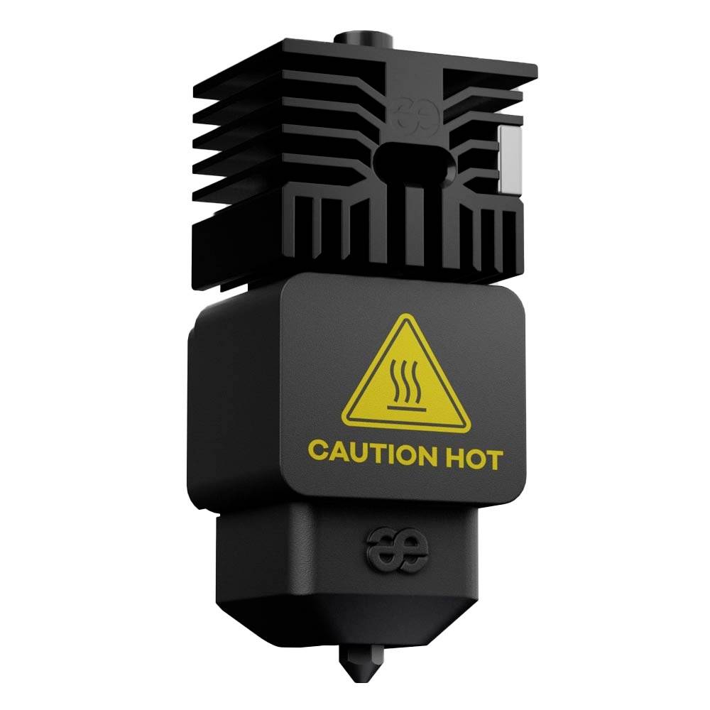 Bausatz für 3D-Druckkopf-Düse mit gelbem Warnsymbol und der Aufschrift „CAUTION HOT" auf einem schwarzen Gehäuse.