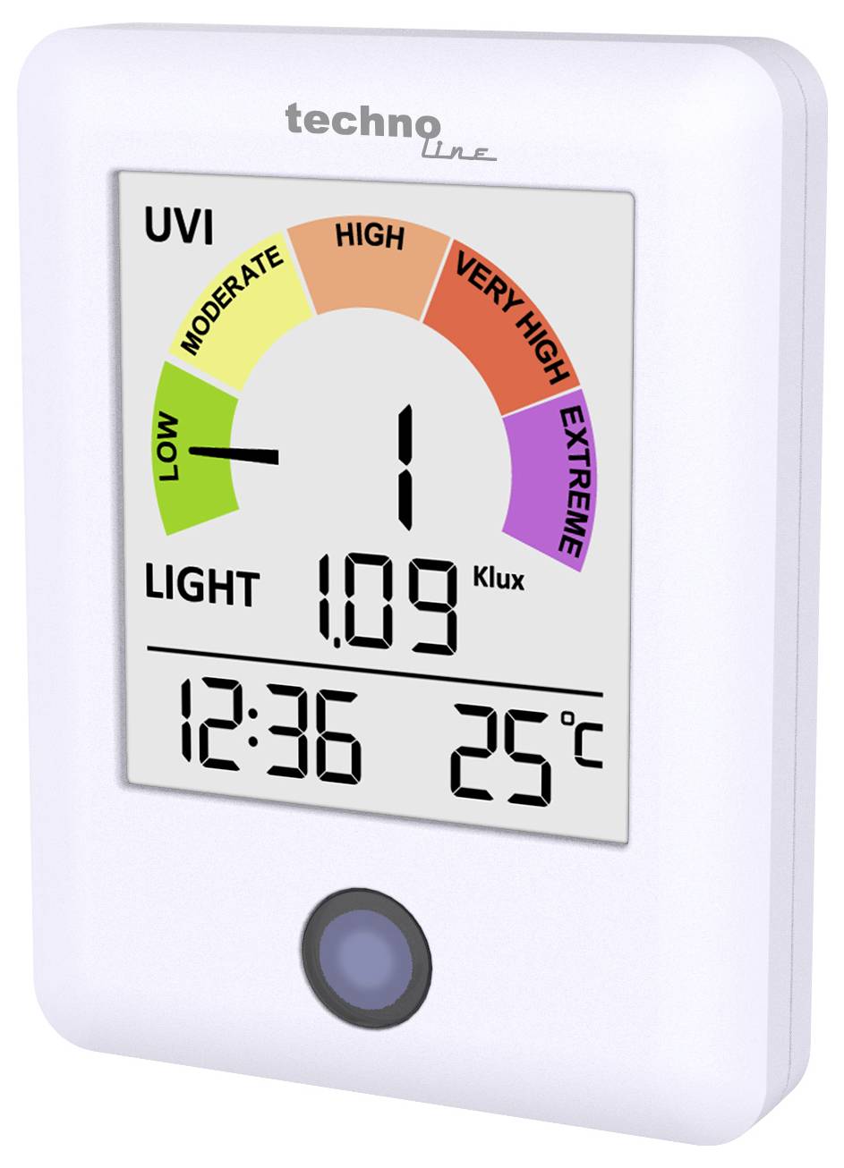 Digitales UVI-Lichtstärkemessgerät zeigt UV-Index 1 im niedrigen Bereich an, Lichtstärke 1,09 klux, Uhrzeit 12:36 und Temperatur 25°C.