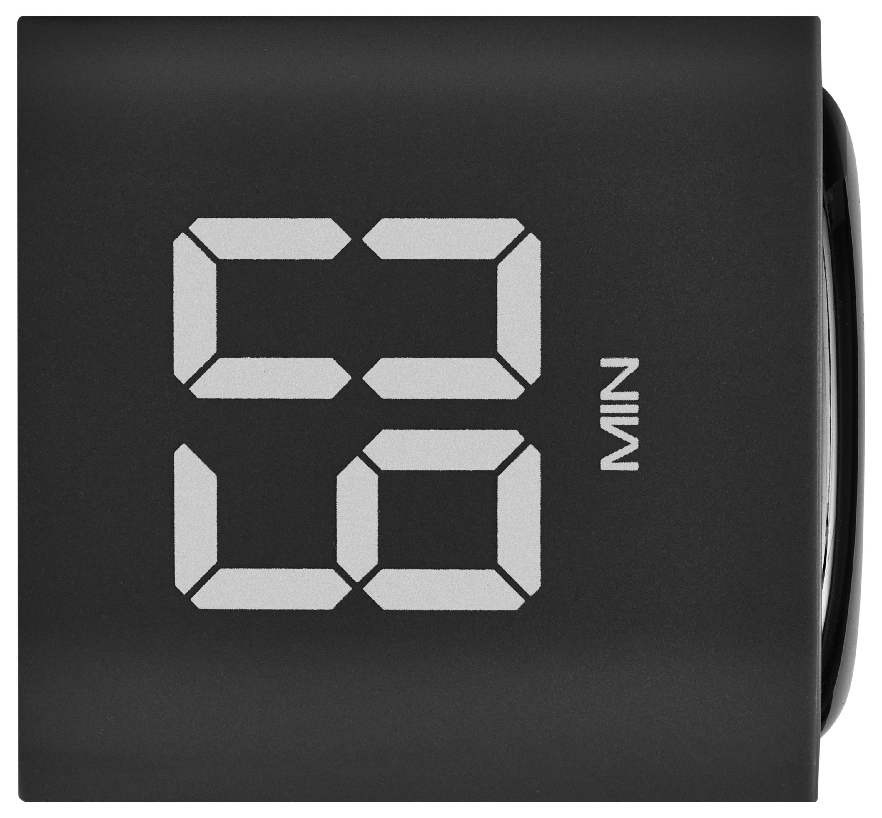 Nahaufnahme eines schwarzen digitalen Displays, das "58" mit "MIN" daneben anzeigt und 58 verbleibende Minuten angibt.