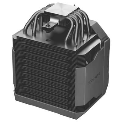 Schwarzer Kühlblock für Computer mit mehreren Wärmerohr und einer oben montierten Lüftereinheit, dargestellt vor weißem Hintergrund.