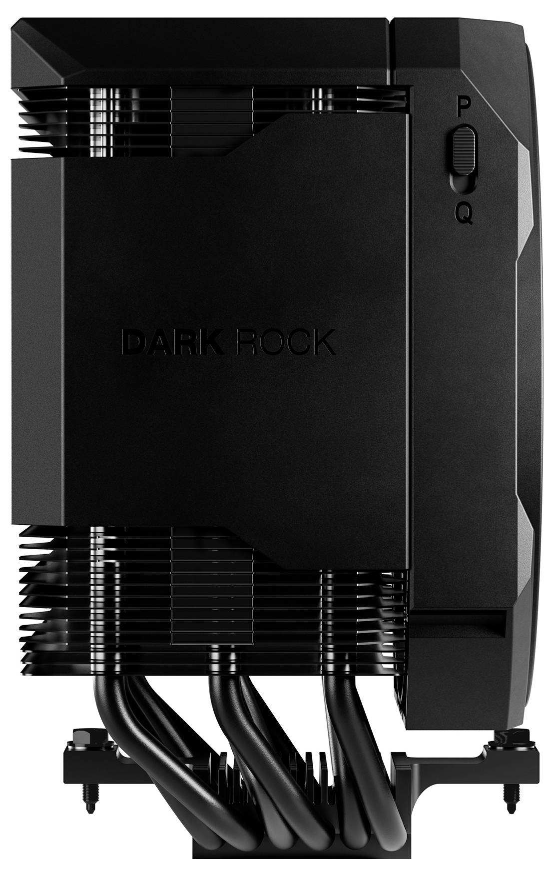 Schwarzer Dark Rock Computer-CPU-Luftkühler mit vier Wärmerohen und einem oberen Lüfterschalter, gezeigt auf weißem Hintergrund.