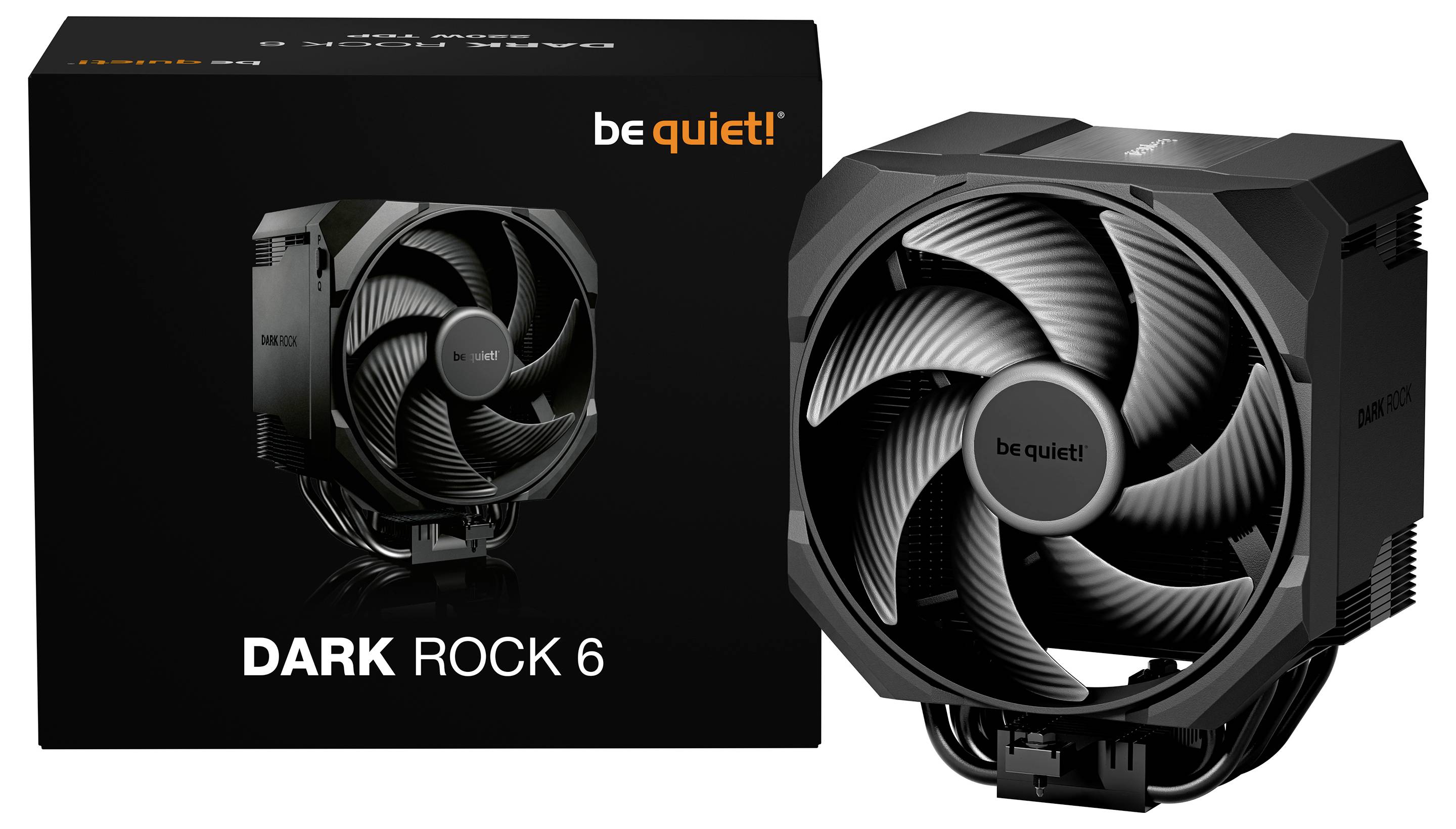 Produktbild des be quiet! Dark Rock 6 CPU-Luftkühlers mit Verpackung neben dem schwarzen Lüfter und Kühlkörper.