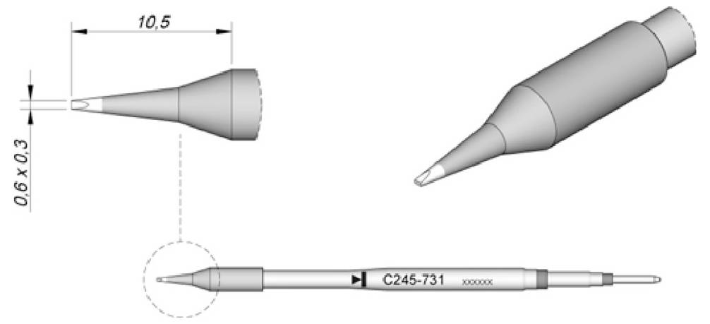 Technische Zeichnung einer stiftähnlichen Stylus-Spitze, die Vorder-, Seiten- und Gesamtansichten mit den Abmessungen 10,5 und 0,6 x 0,3 zeigt.