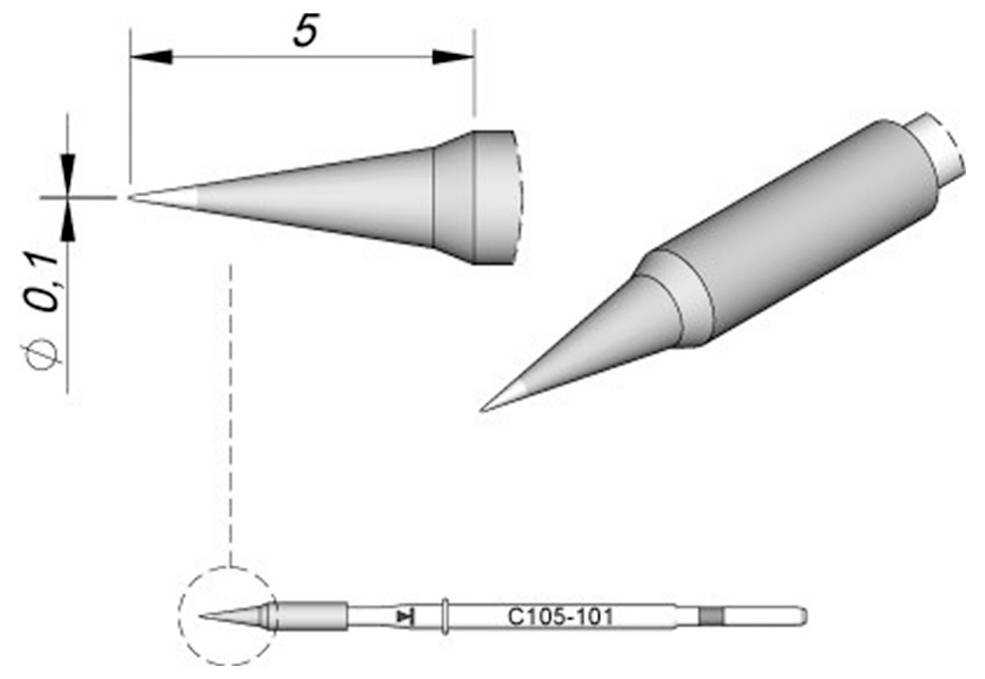 Technische Zeichnung einer konischen Stiftspitze mit den Abmessungen 5 und 0,1, sowie eine Perspektivansicht der Stiftbaugruppe und eine kleine Unteransicht.