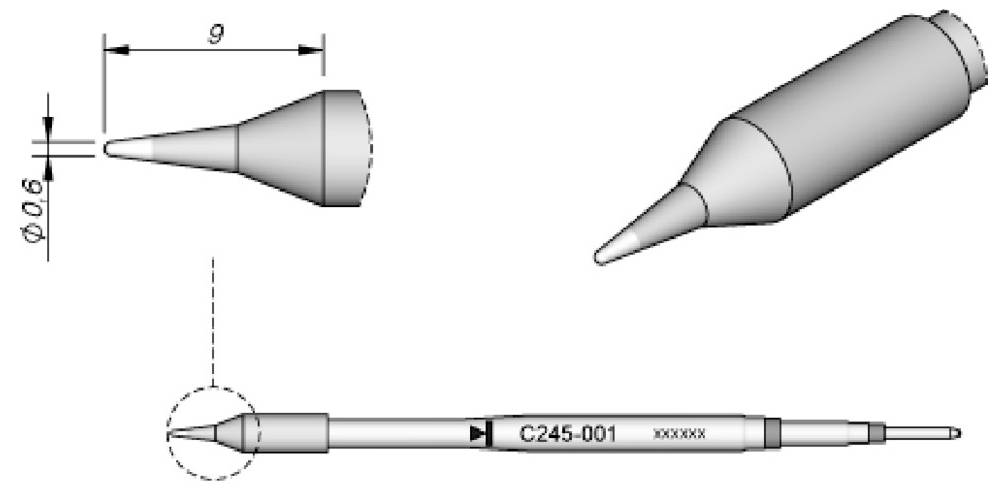 Technische Zeichnung eines konischen zylindrischen Werkzeugs oder einer Düse mit den Abmessungen 9 und 0,6, plus einer Gesamtseitenansicht mit der Bezeichnung „C245-001".