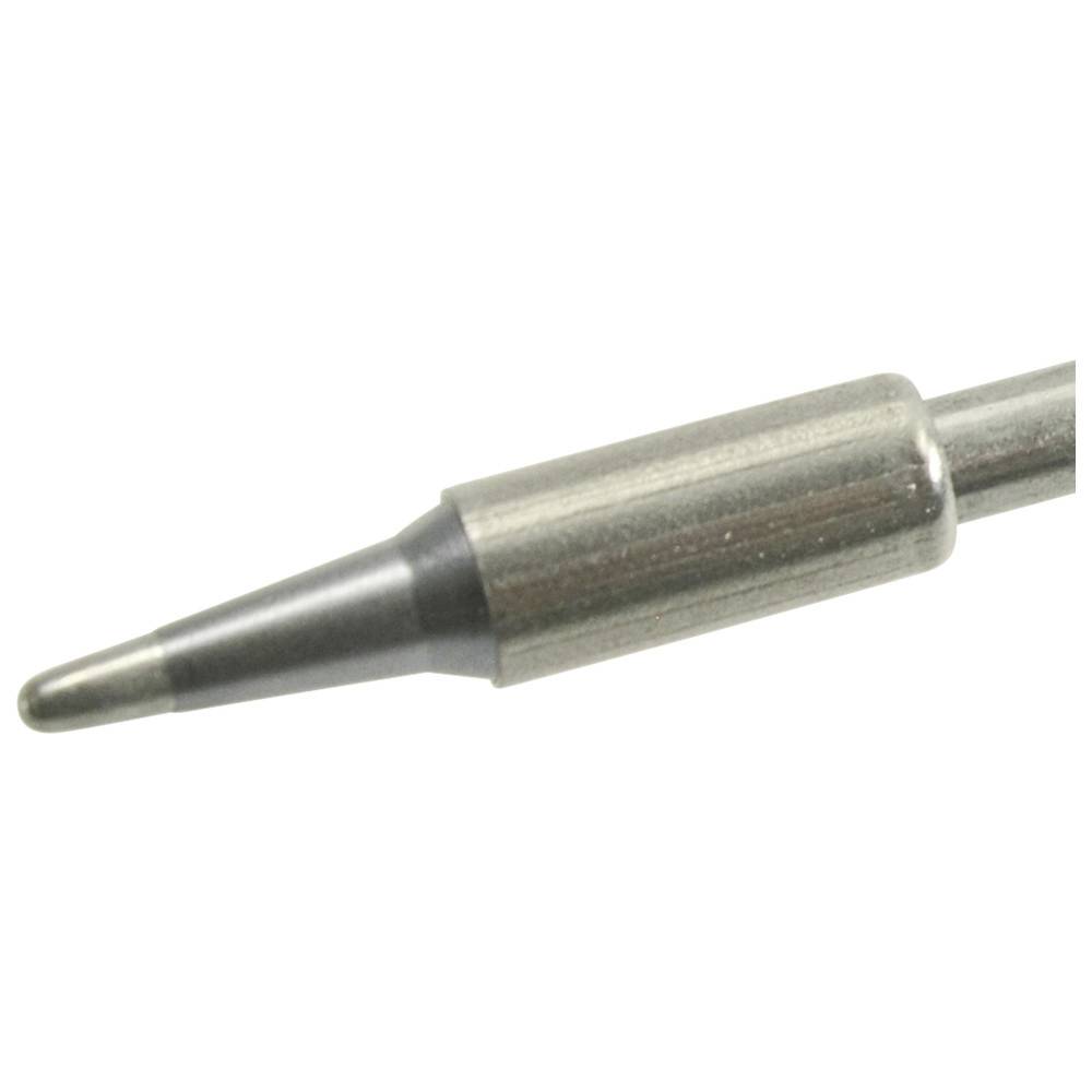 Nahaufnahme einer Metallspitze eines Instruments mit einem konischen Spitzenpunkt auf weißem Hintergrund.