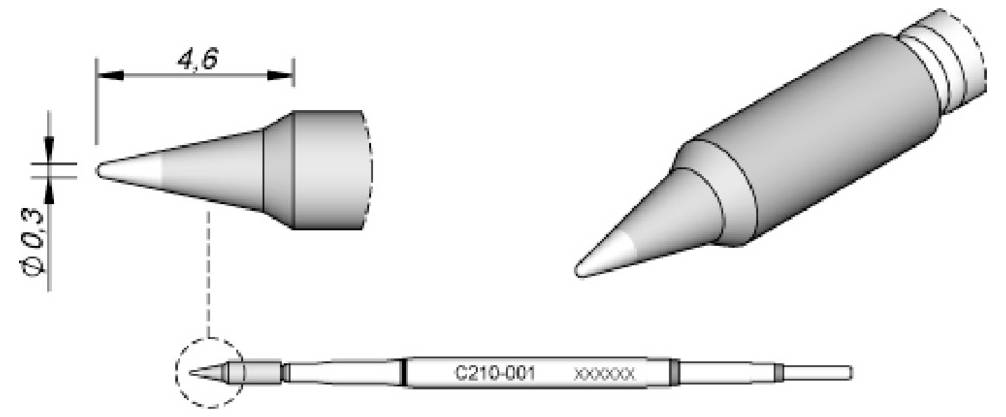 Technische Zeichnung eines verjüngten Stift oder einer Düse mit Abmessungen, Seiten- und Stirnansicht und beschriftete Teile einschließlich 'C210-001' und 'XXXXXX'.