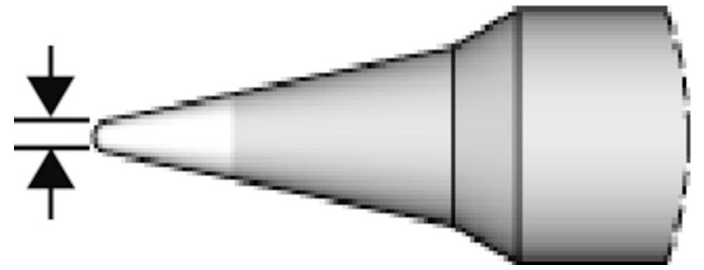 Konischer Düse oder Rohrreduzier in Seitenansicht, der sich zu einer kleinen Öffnung auf der linken Seite verengt und zu einem größeren zylindrischen Ende auf der rechten Seite erweitert, mit Pfeilen, die den Durchmesser anzeigen