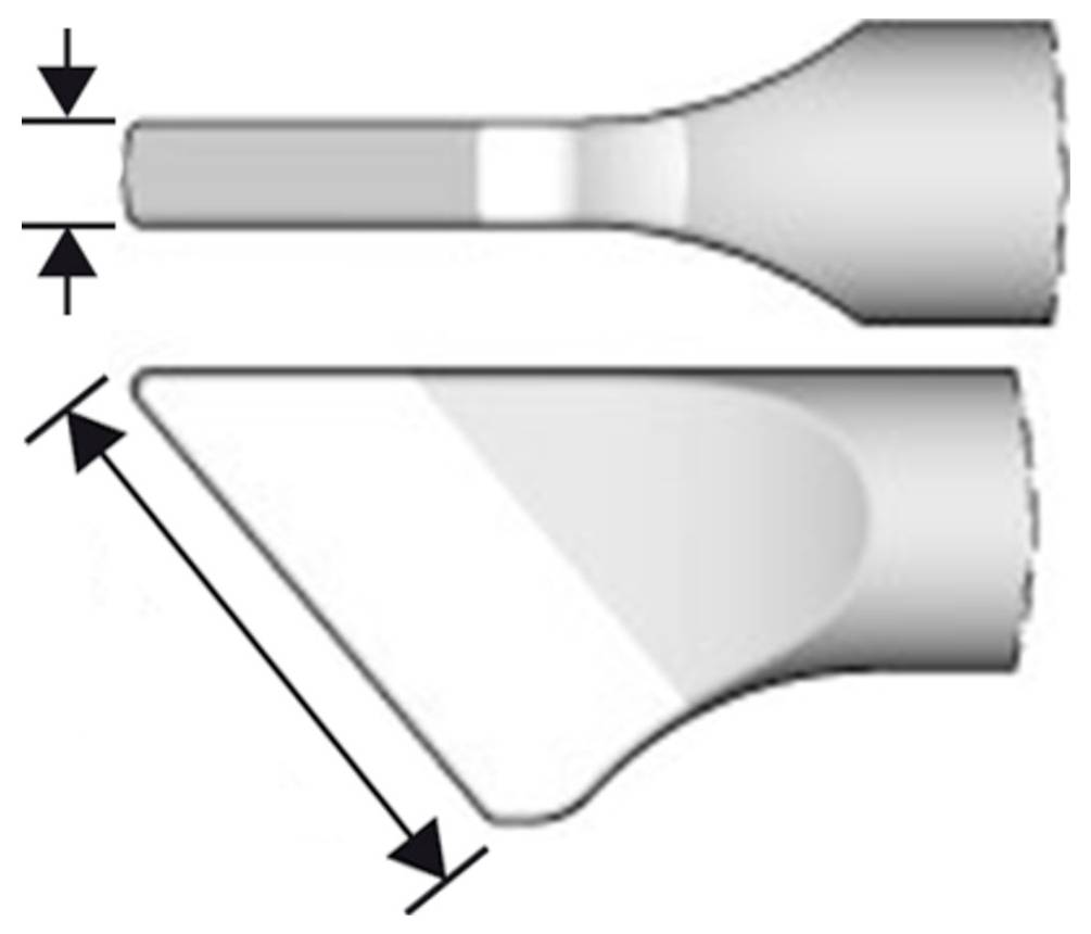 Diagramm eines sich verjüngenden Zylinders mit Durchmesser- und Längenabmessungen, die durch Pfeile gekennzeichnet sind und die Größe und Form des Teils veranschaulichen.