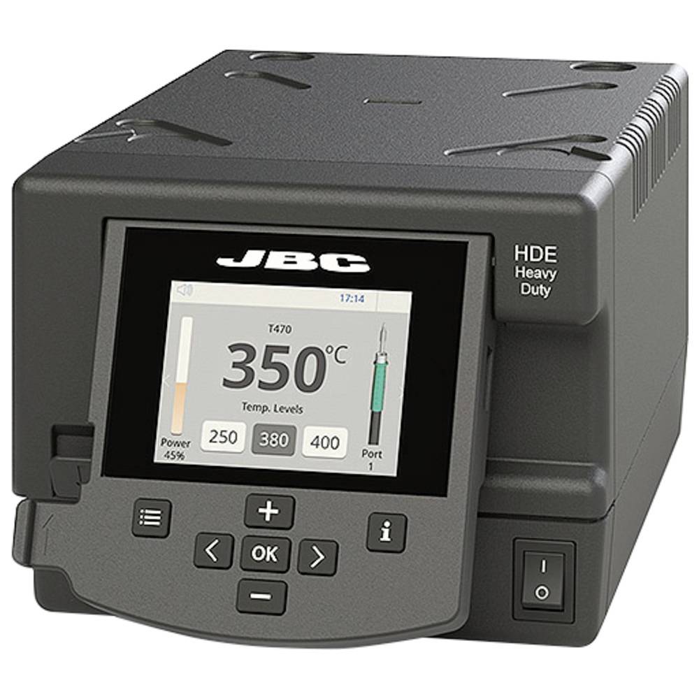 JBC HDE Lötstation für Schwerstarbeit mit Touchscreen zeigt 350°C, Temperaturregler und Steuerungstasten auf der Frontplatte.