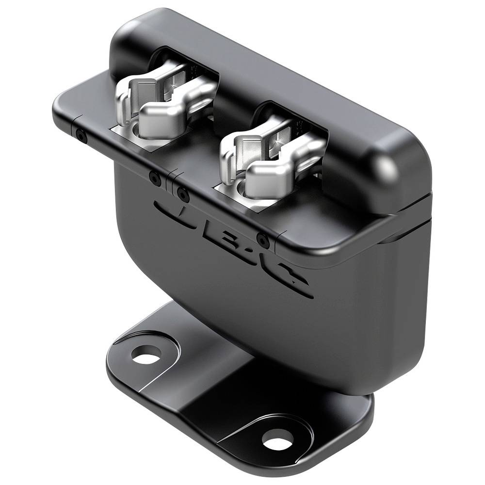 Schwarzer Kunststoff-Elektroterminalblock mit zwei Metallfedern und einer Montagebasis, gezeigt auf weißem Hintergrund.