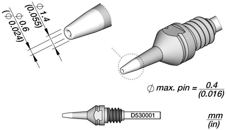 Technische Zeichnung einer konischen Stiftkuppe mit Abmessungen, die den maximalen Stiftdurchmesser von 0,4 mm (0,016 in) und ein beschriftetes Teil D530001 zeigen.