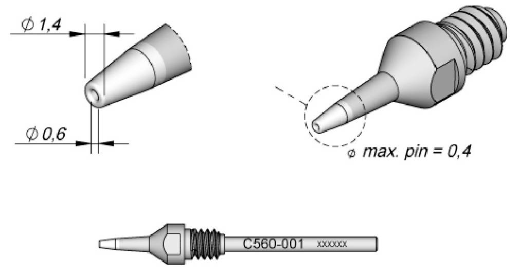 Diagramm einer Werkzeugspitze mit Größenbeschränkungen: 1,4 mm Außendurchmesser, 0,6 mm Spitze und maximaler Stiftdurchmesser 0,4 mm für die Düse C560-001.