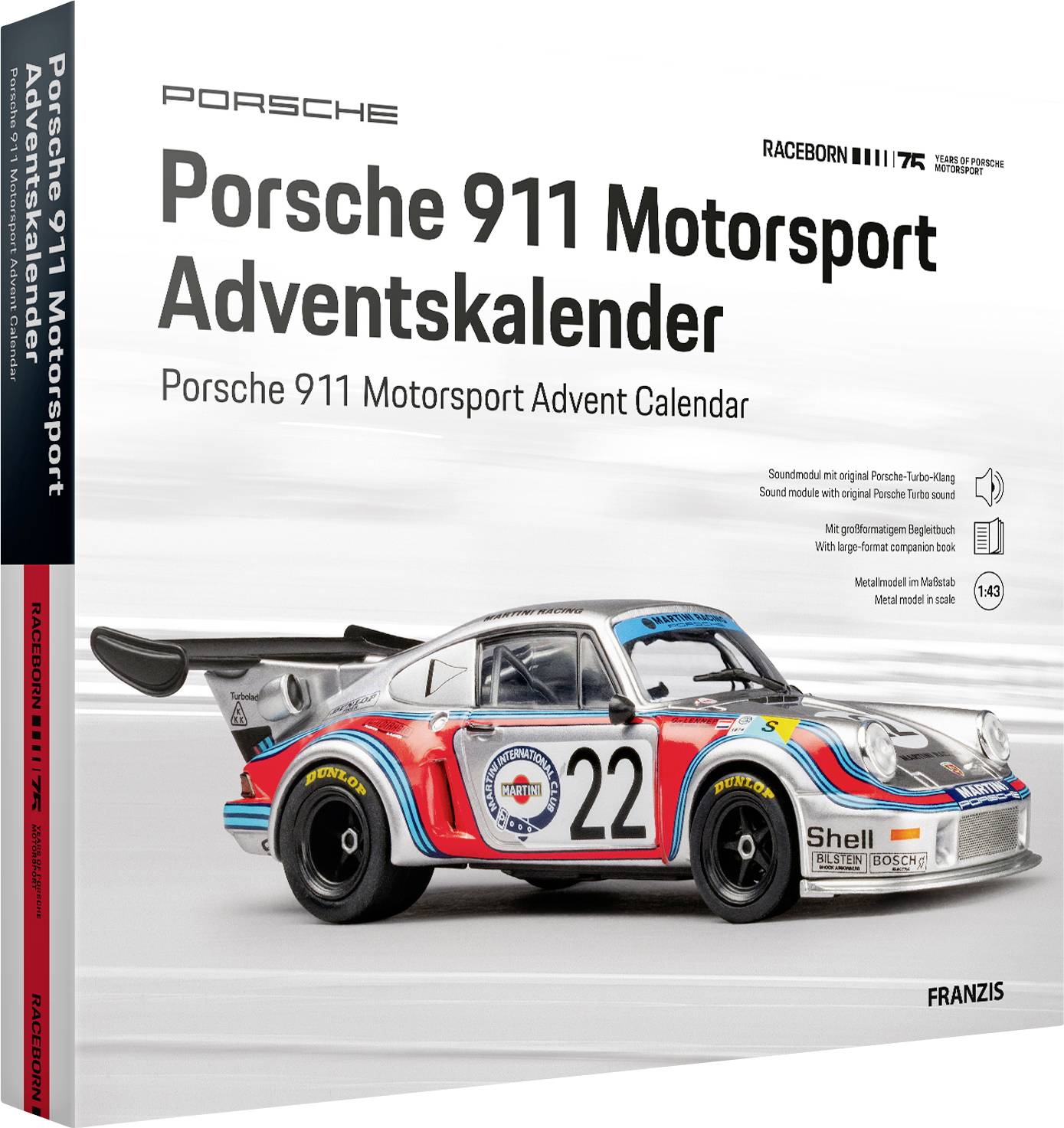Porsche 911 Motorsport Adventskalender-Box mit einem roten, weißen und blauen Rennwagen-Modell mit der Nummer 22.