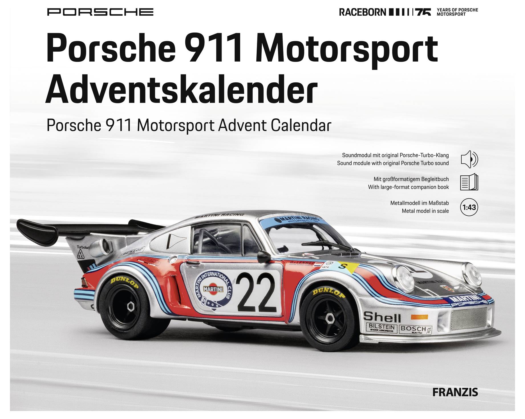Porsche 911 Motorsport Adventskalender-Box mit einem Rennwagen-Modellauto Porsche 911 mit der Nummer 22 und Maßstab '1:43', plus Soundmodul und Begleitbuch.
