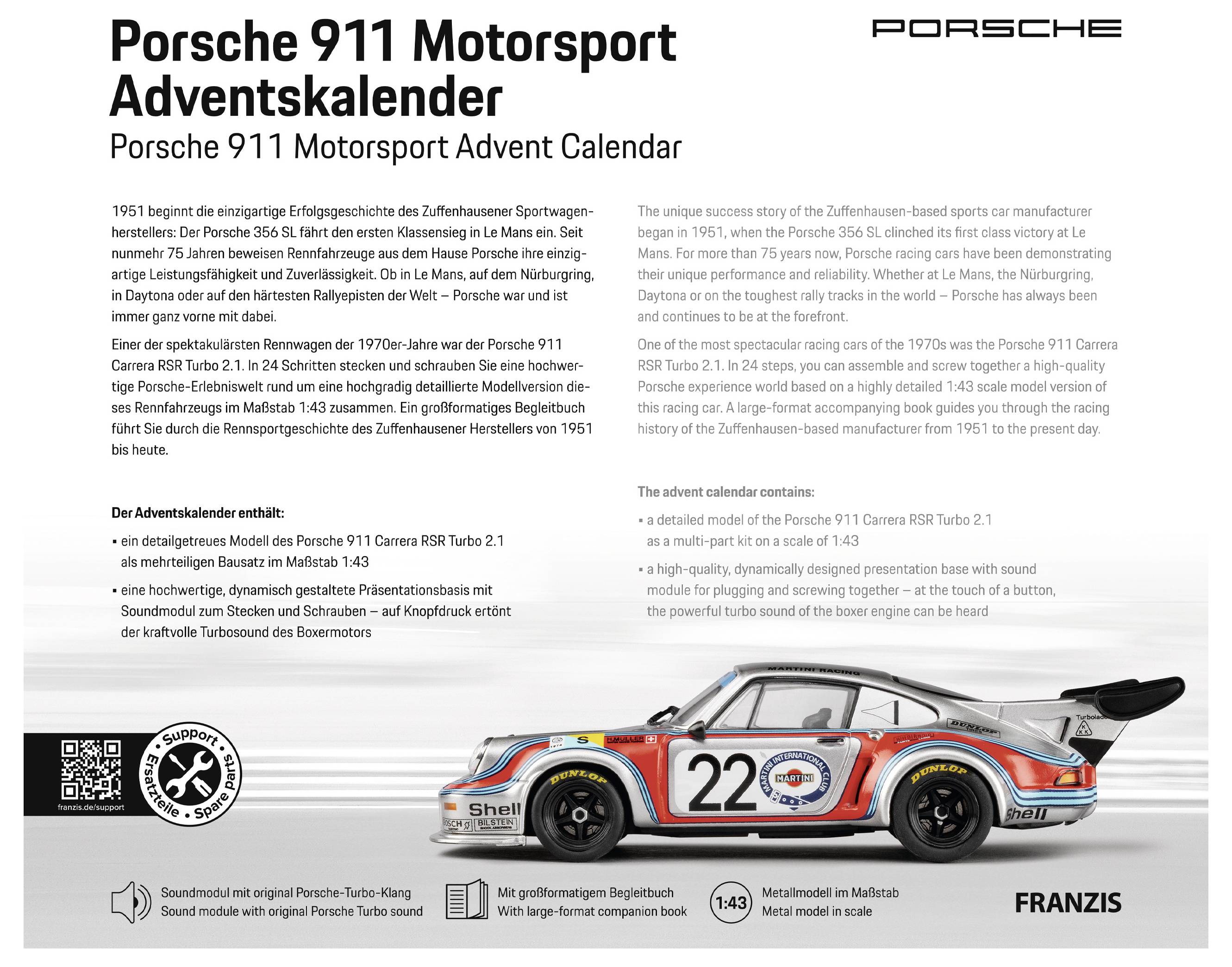 Porsche 911 Motorsport Adventskalender-Abdeckung mit einer Rennwagen-Illustration, Titeltext, zweisprachigen Produktdetails, QR-Code und FRANZIS-Logo.