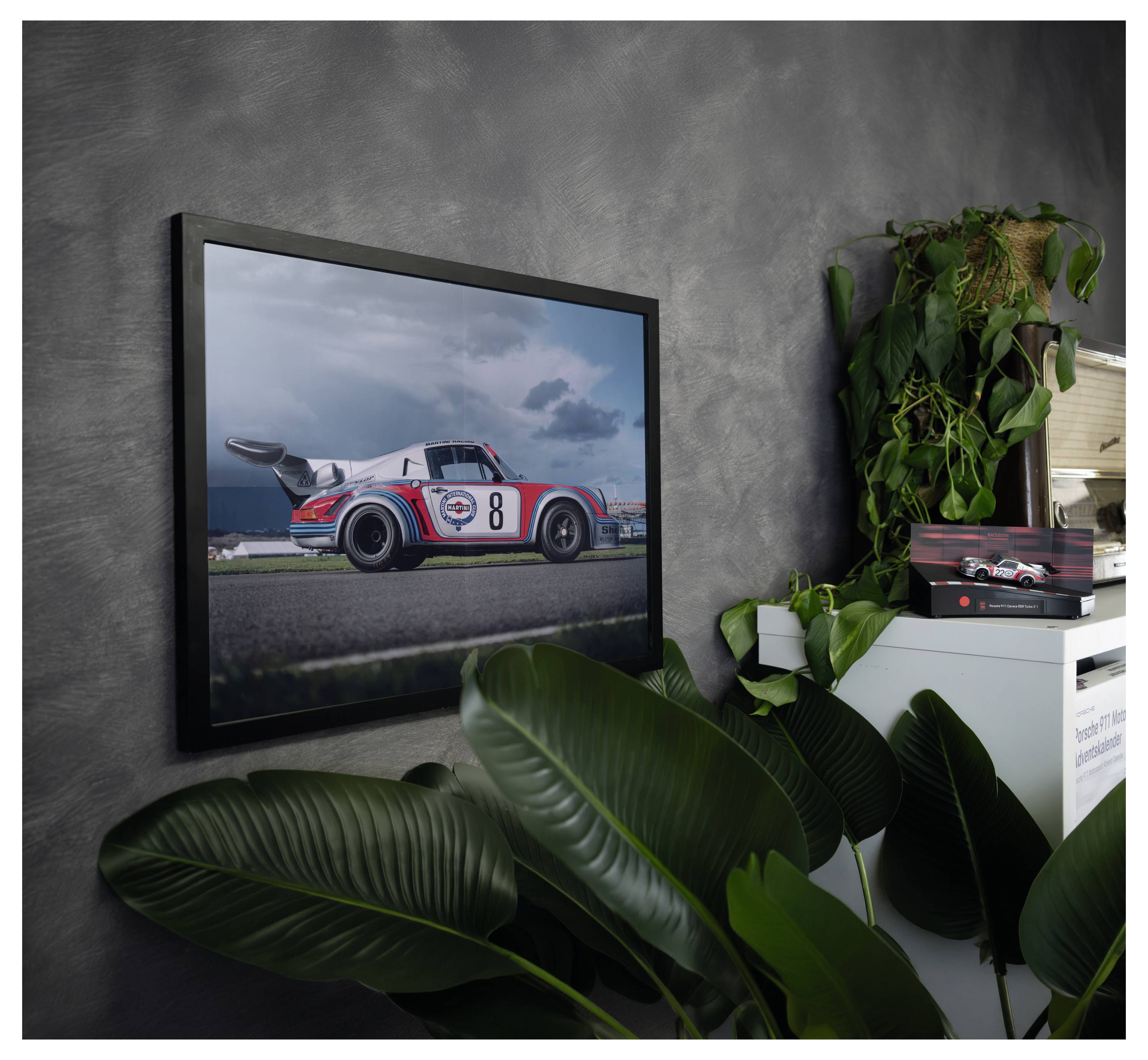 Gerahmtes Foto eines Rennwagens, Nummer 8, auf einer Rennstrecke, ausgestellt an einer grauen Wand inmitten von Zimmerpflanzen und Regalen.