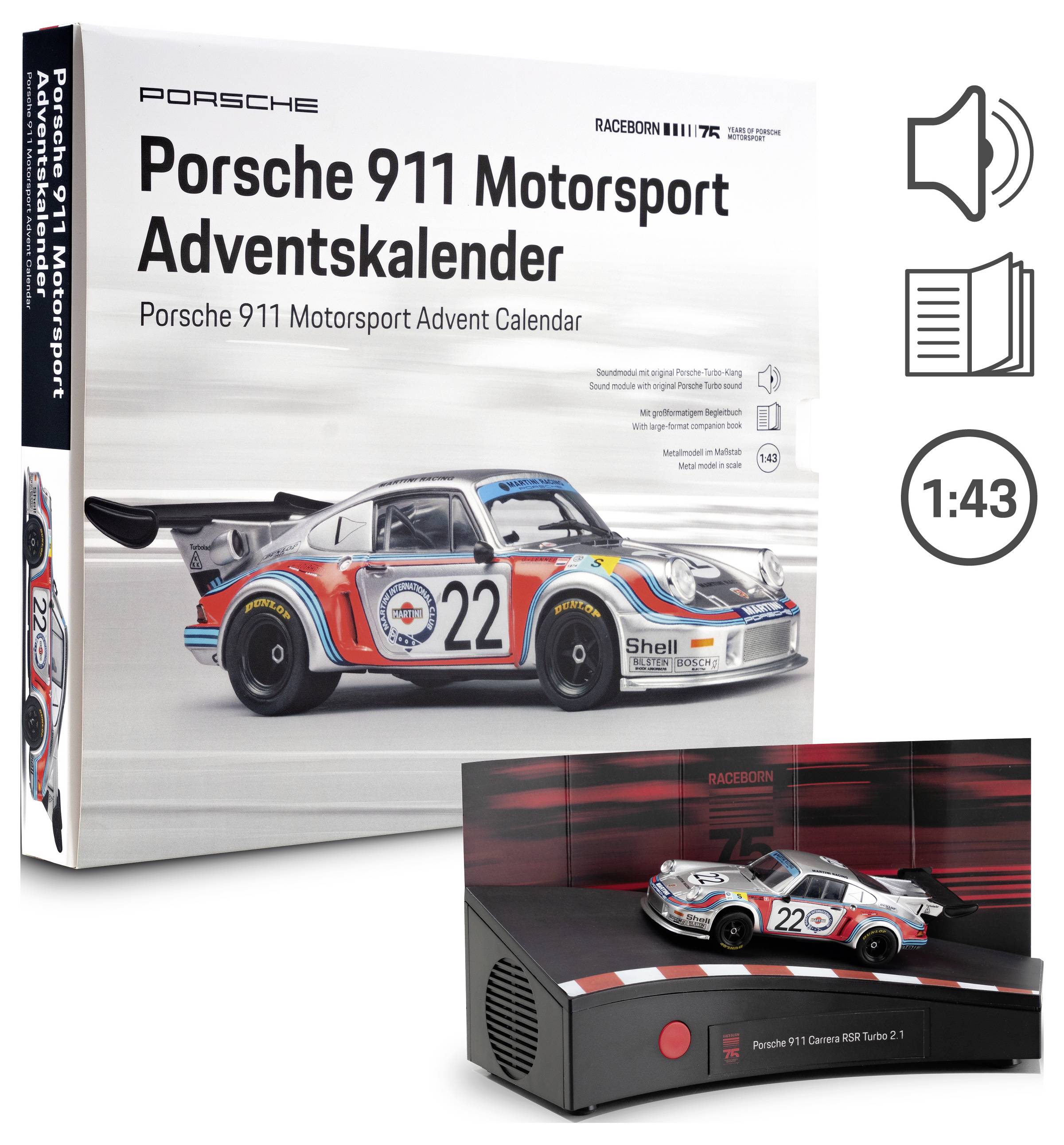 Porsche 911 Motorsport Adventskalender Set Box und Anzeigebasis mit einem nummerierten Rennwagen Modell, gekennzeichnet als „Porsche 911 Motorsport Adventskalender".