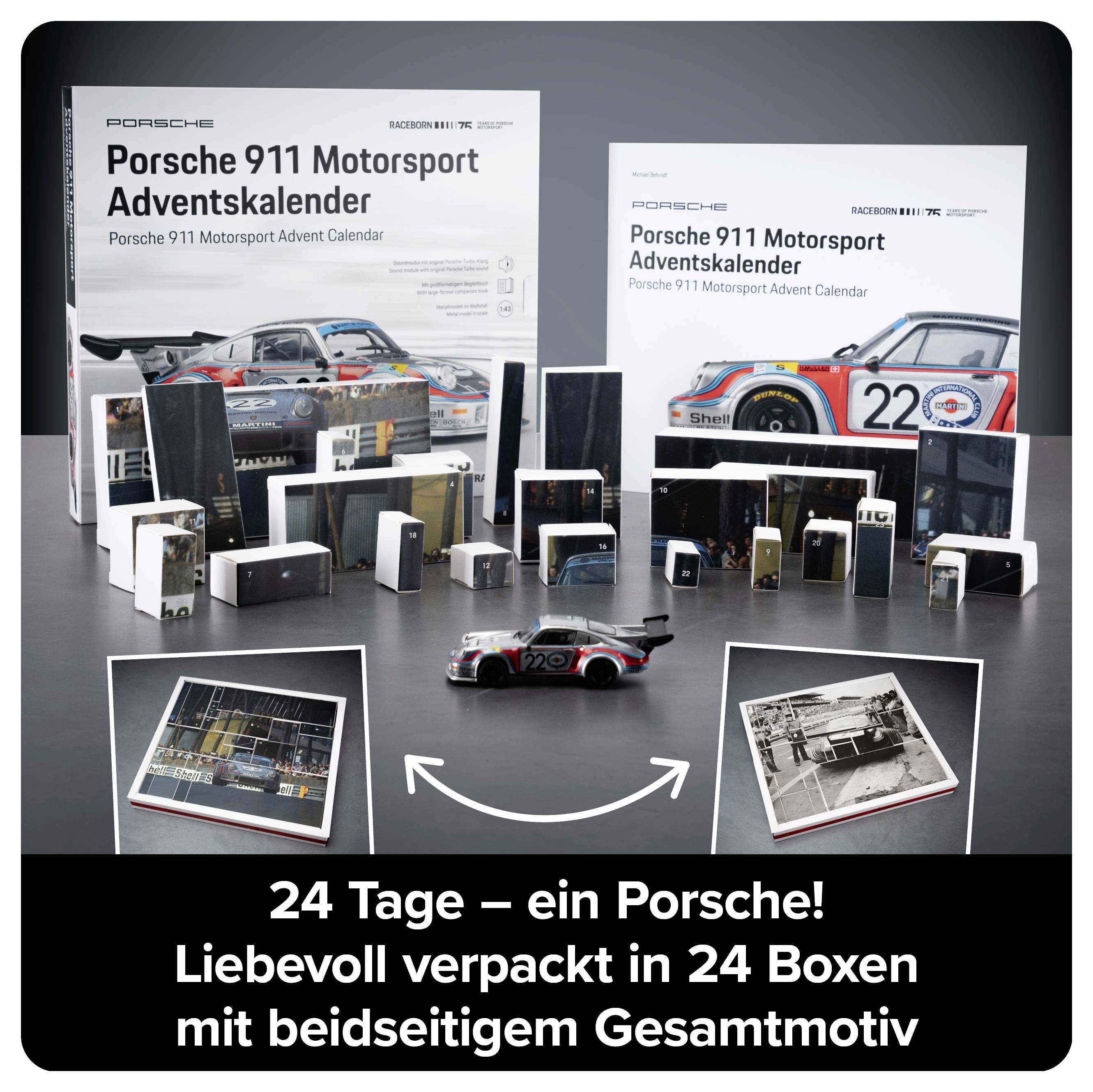 Porsche 911 Motorsport Adventskalender mit 24 Boxen, Rennwagen-Motiv und Fotos; beworben mit '24 Tage – ein Porsche!'.