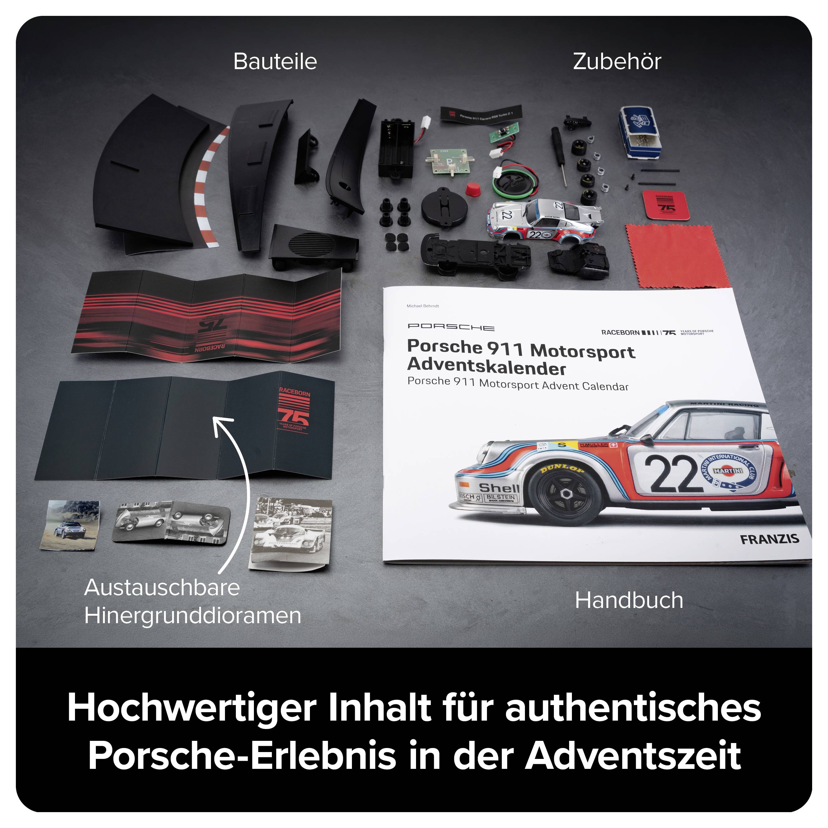 Porsche 911 Motorsport Adventskalender mit Bauteilen, Zubehör, austauschbaren Hintergrunddioramen und Handbuch; beworben als authentisches Porsche-Erlebnis in der Adventszeit.