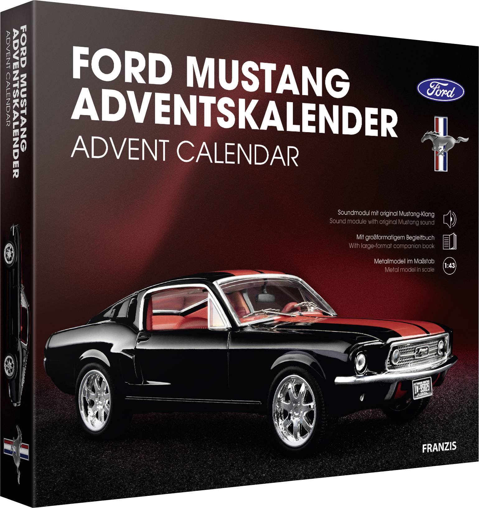 Verpackter Ford Mustang Adventskalender mit einem schwarzen klassischen Mustang-Modellauto, Ford-Logo und FRANZIS-Branding auf dunkelrotem Hintergrund.