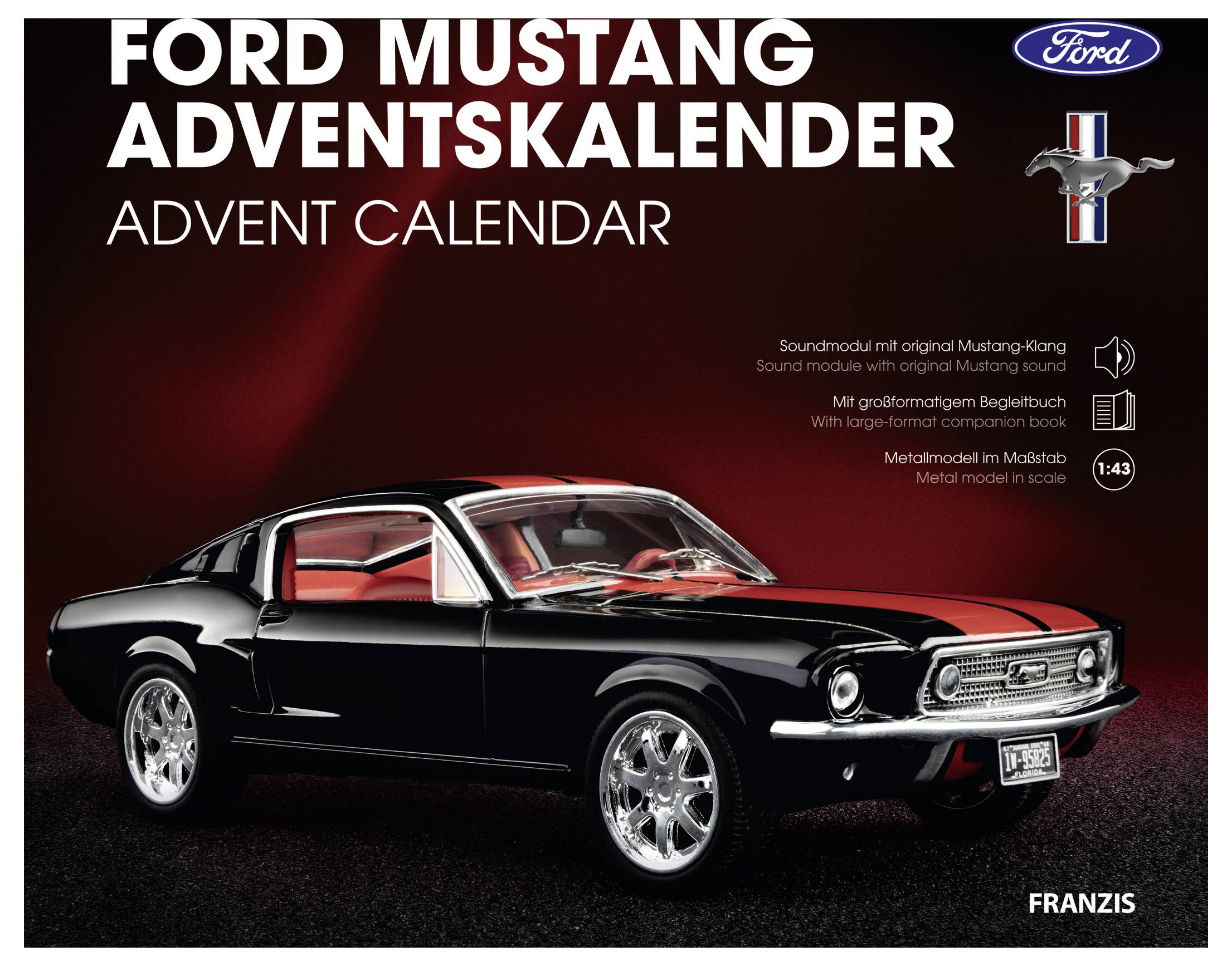 Ford Mustang Adventskalender Box mit einem schwarzen klassischen Mustang-Modellauto mit roten Streifen, Ford-Logo und Produktmerkmalen in deutscher Sprache.