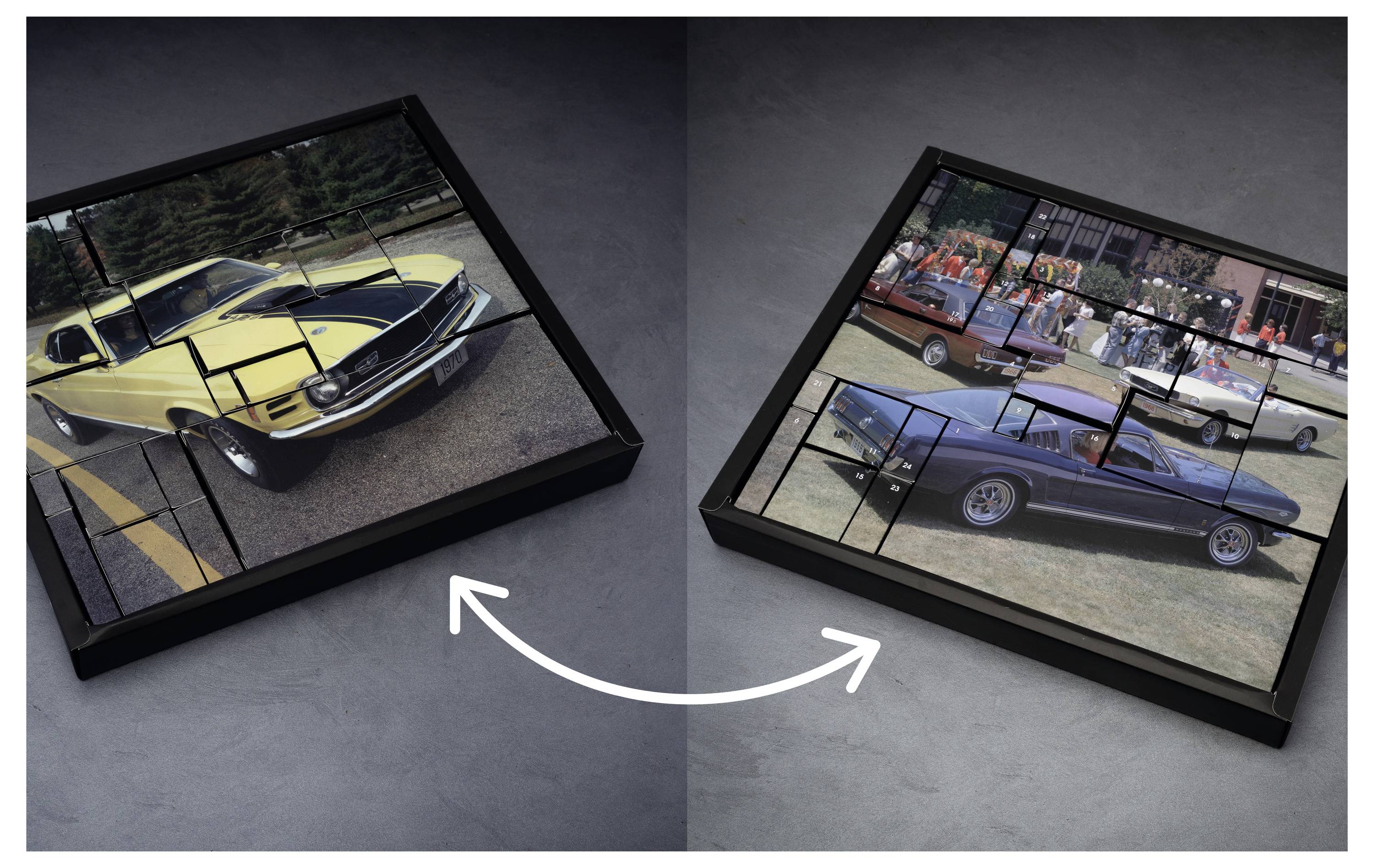 Zwei gerahmte Fotos von klassischen Autos mit einem Pfeil dazwischen, der einen Vorher-Nachher- oder Transformationsvergleich andeutet.