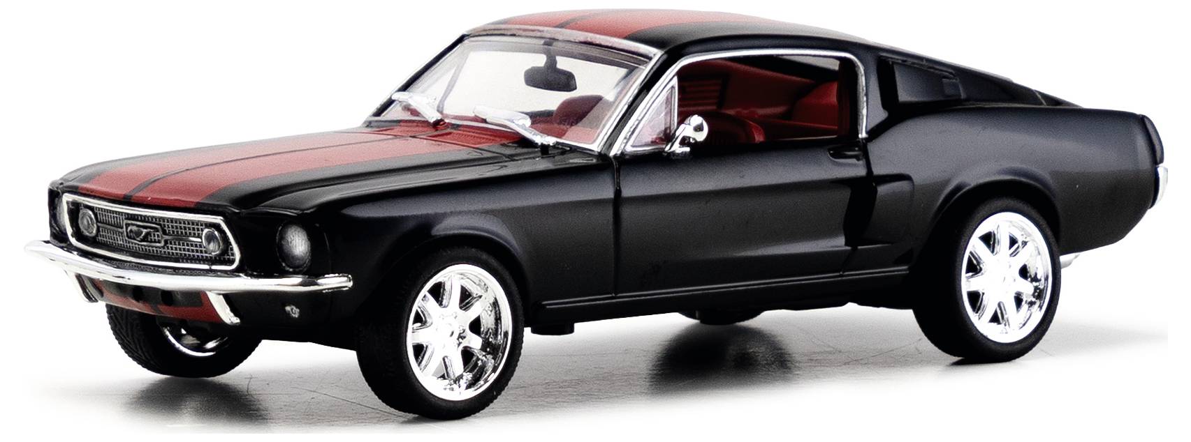 Schwarzes klassisches Muskelwagen-Modell mit roten Rennstreifen, in Seitenansicht auf weißem Hintergrund dargestellt.