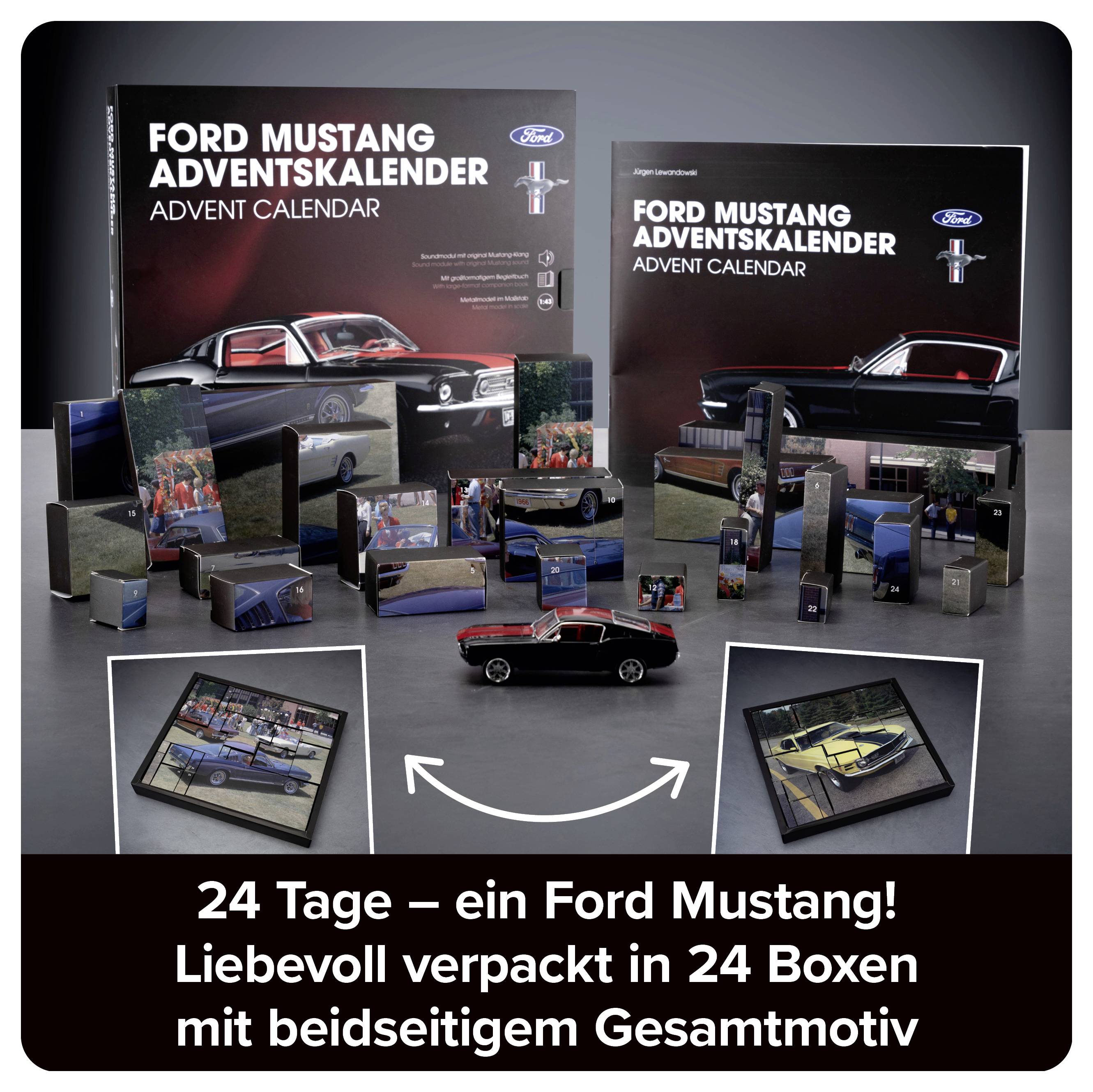 Werbeabbildung eines Ford-Mustang-Adventskalenders mit 24 Boxen und beidseitigem Gesamtmotiv; zentrale Produktpräsentation mit Auto und Verpackungen.