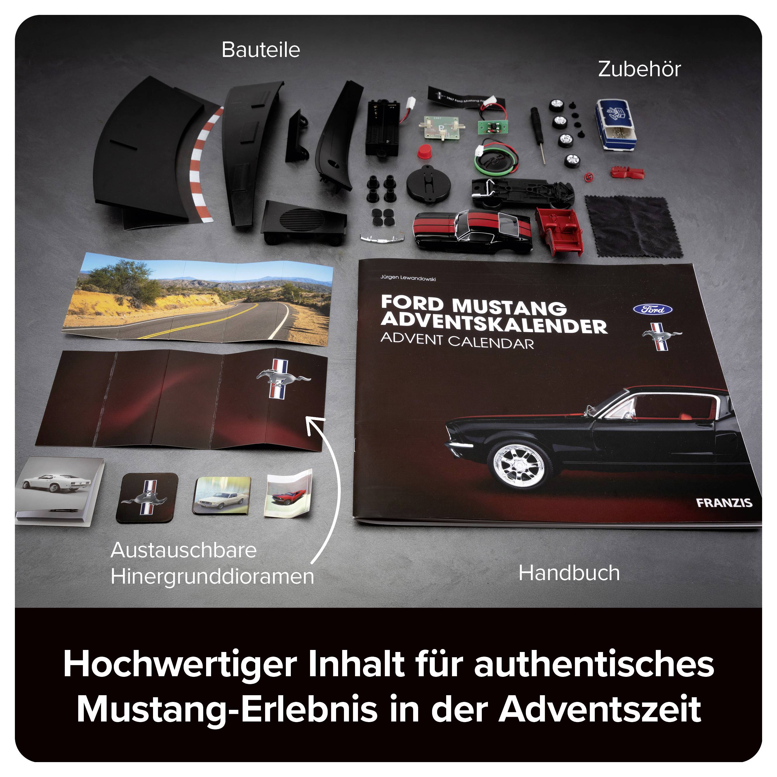 Ford Mustang Adventskalender mit Bauteilen, Zubehör, austauschbaren Hintergrunddiaromen und Handbuch für ein authentisches Mustang-Erlebnis in der Adventszeit.
