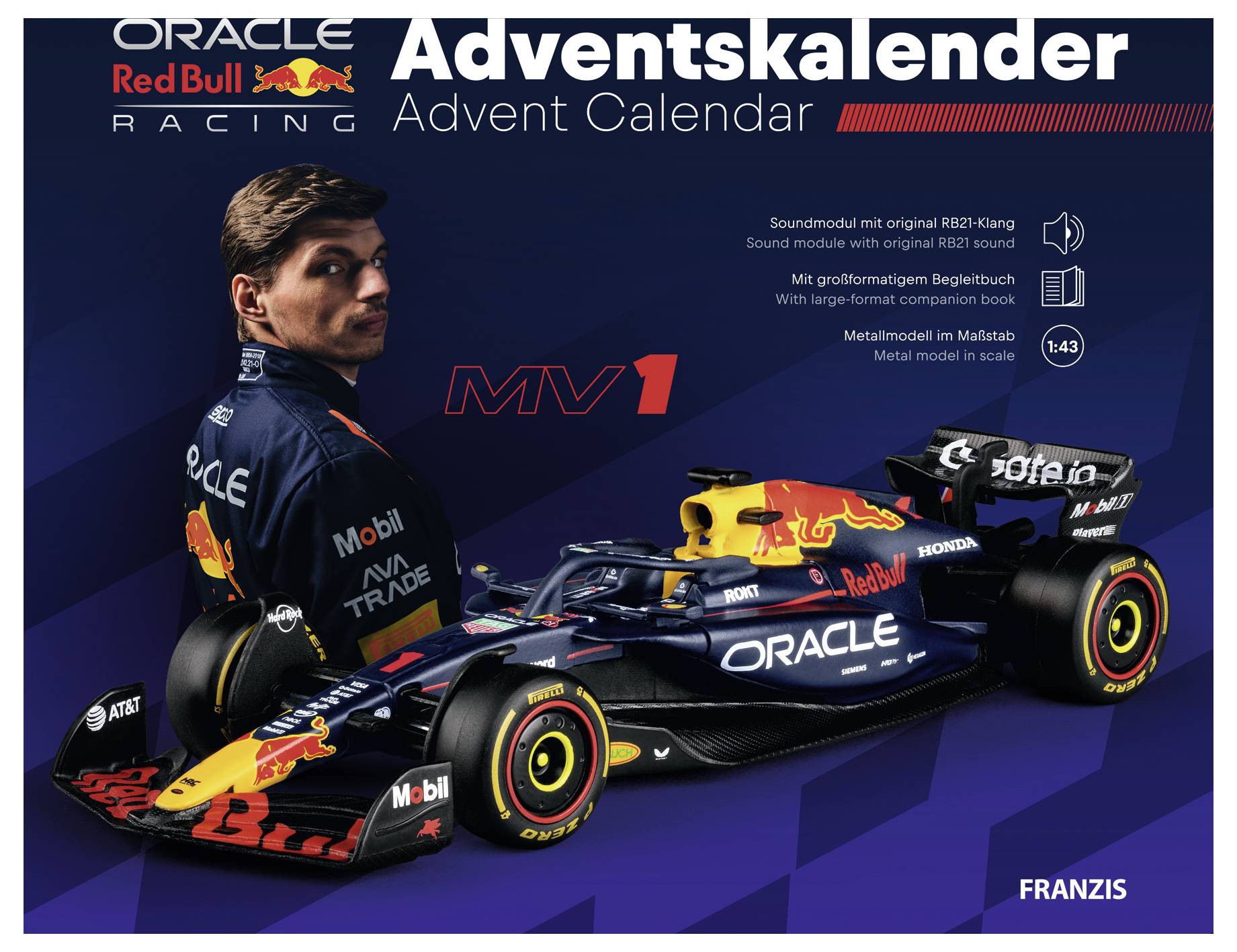 Oracle Red Bull Racing Adventskalender-Box mit Max Verstappen und einem Modell-Formel-1-Auto; enthält mehrsprachige Etiketten und Franzis-Branding.