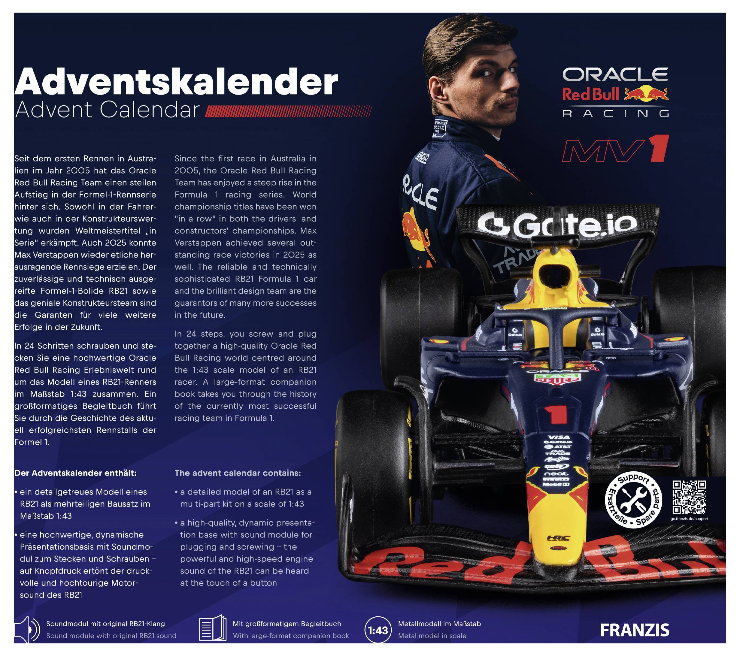 Werbung für Oracle Red Bull Racing MV1 Adventskalender mit einem Fahrer neben einem Formel-1-Auto und einem Modellbausatz für die Saison 2025.