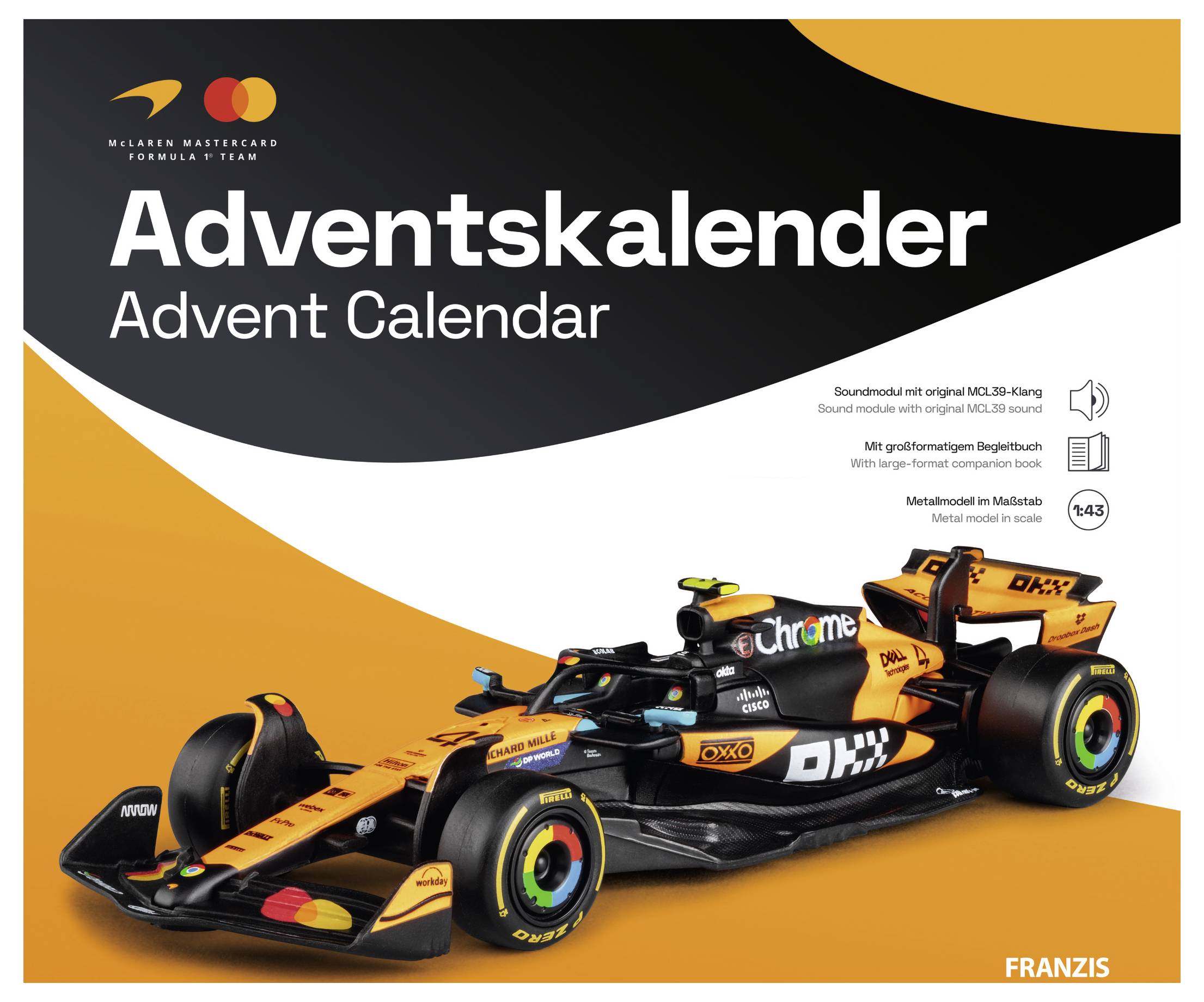 McLaren Formel-1-Team Adventskalender-Verpackung mit einem orange-schwarzen Rennwagen-Modell und Produktdetails.