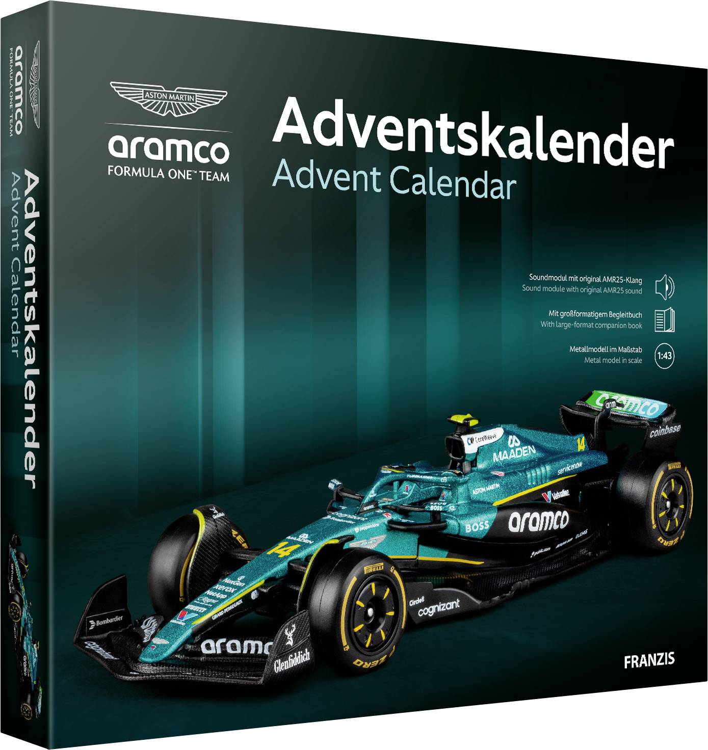 Aramco Formula-One-Team Adventskalender-Box mit einer blaugrünen und schwarzen Formel-1-Wagen-Illustration, mit "Adventskalender" und "Advent Calendar" auf der Vorderseite.