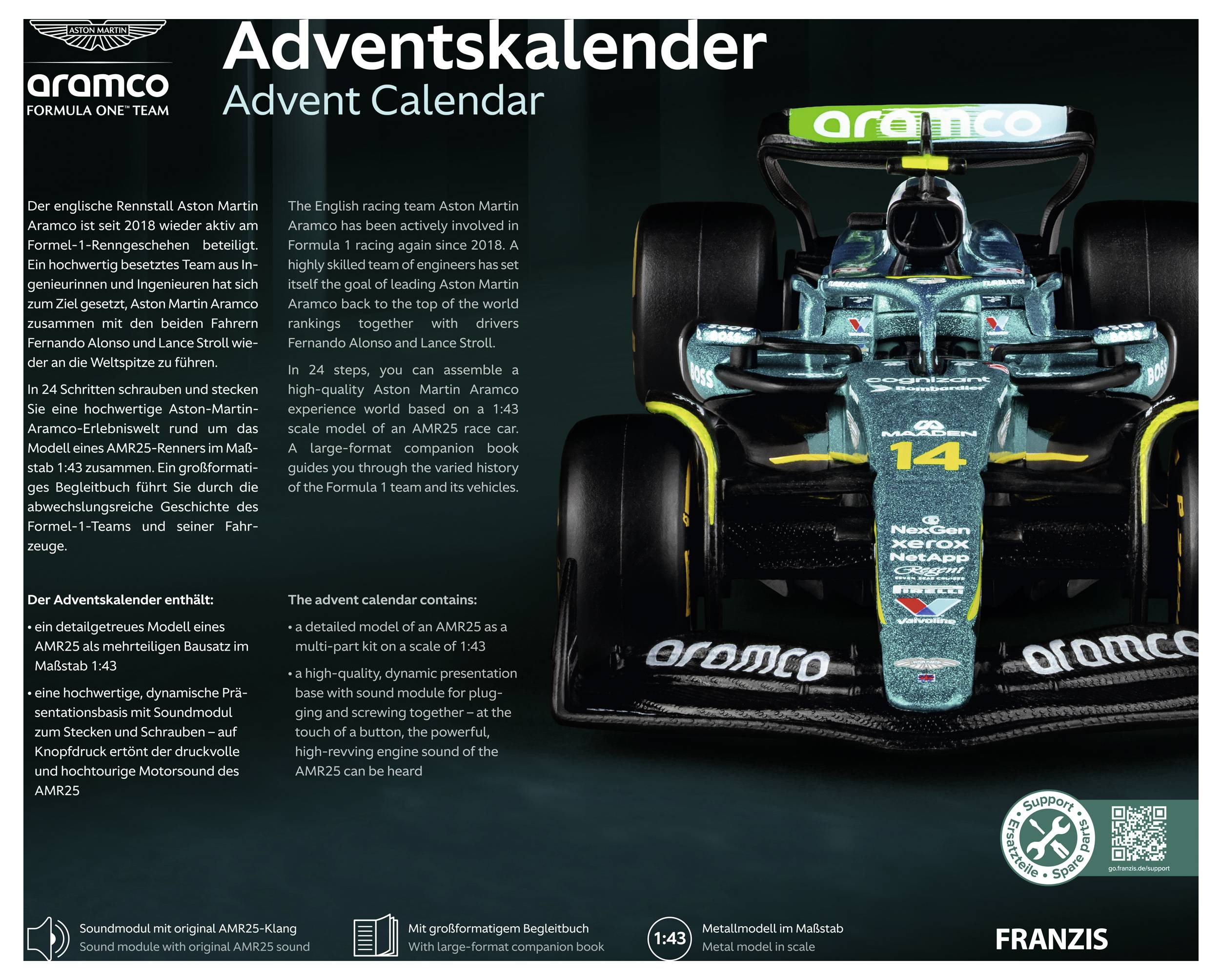 Aramco Formula-One-Team Adventskalender Schachteln mit Kunstwerk, das einen blaugrünen und schwarzen Aston Martin F1-Rennwagen zeigt, mit dem Text „Adventskalender" und „Advent Calendar".