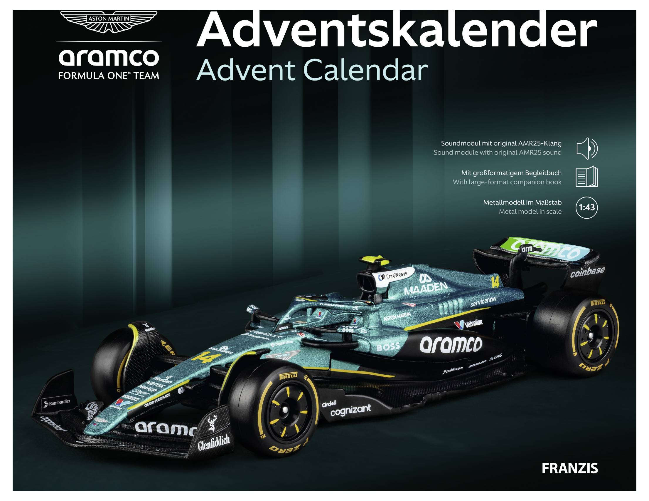 Aramco Formel-1-Team Adventskalender Adventskalenderbox mit einem türkisgrünen und schwarzen Aston-Martin-F1-Auto, mit Produktsymbolen und Franzis-Branding.