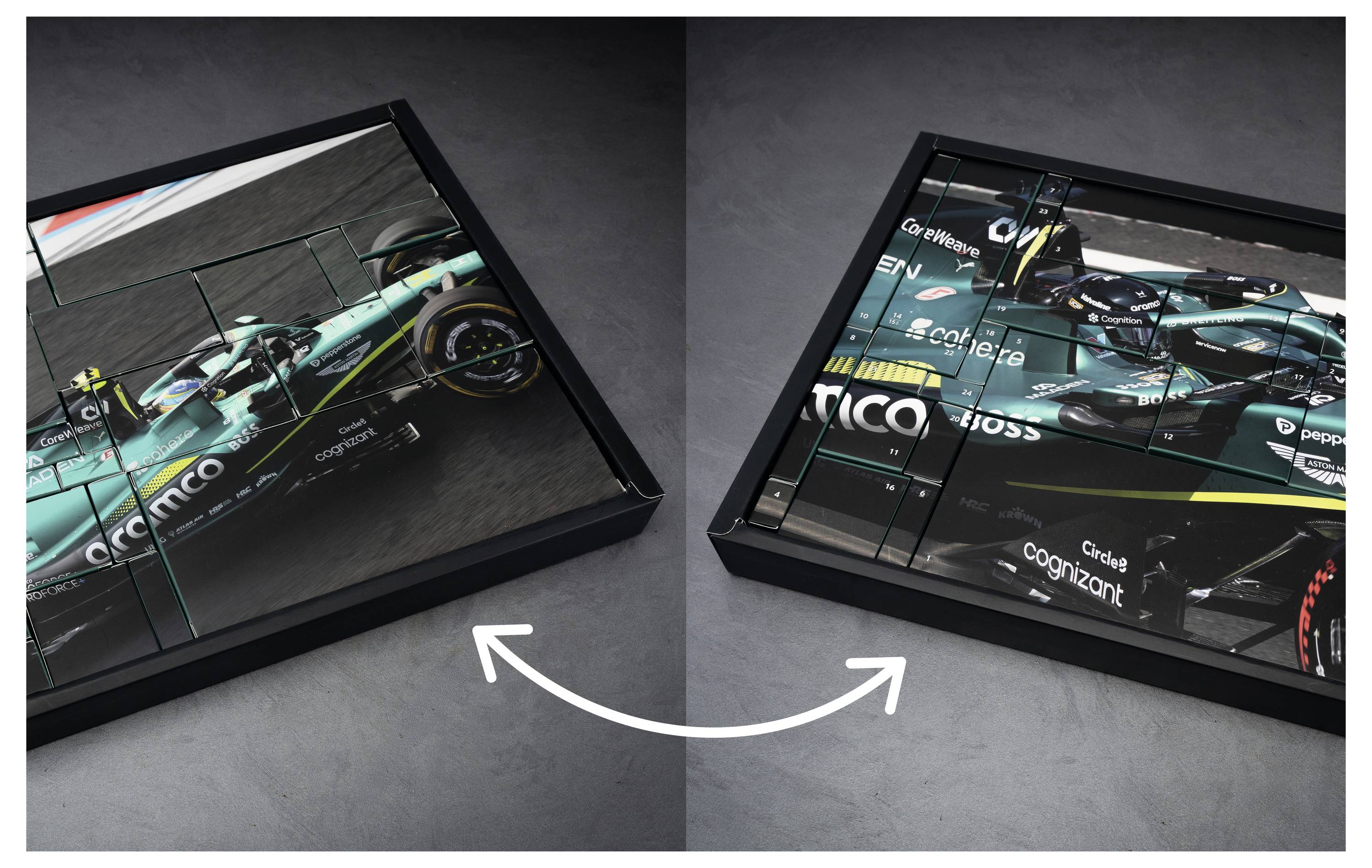 Zwei verpackte Puzzles, die einen blaugrünen Formel-1-Rennwagen zeigen; ein geschwungener Pfeil zeigt an, dass der Deckel oder das Bild zwischen den beiden Boxen bewegt werden kann.