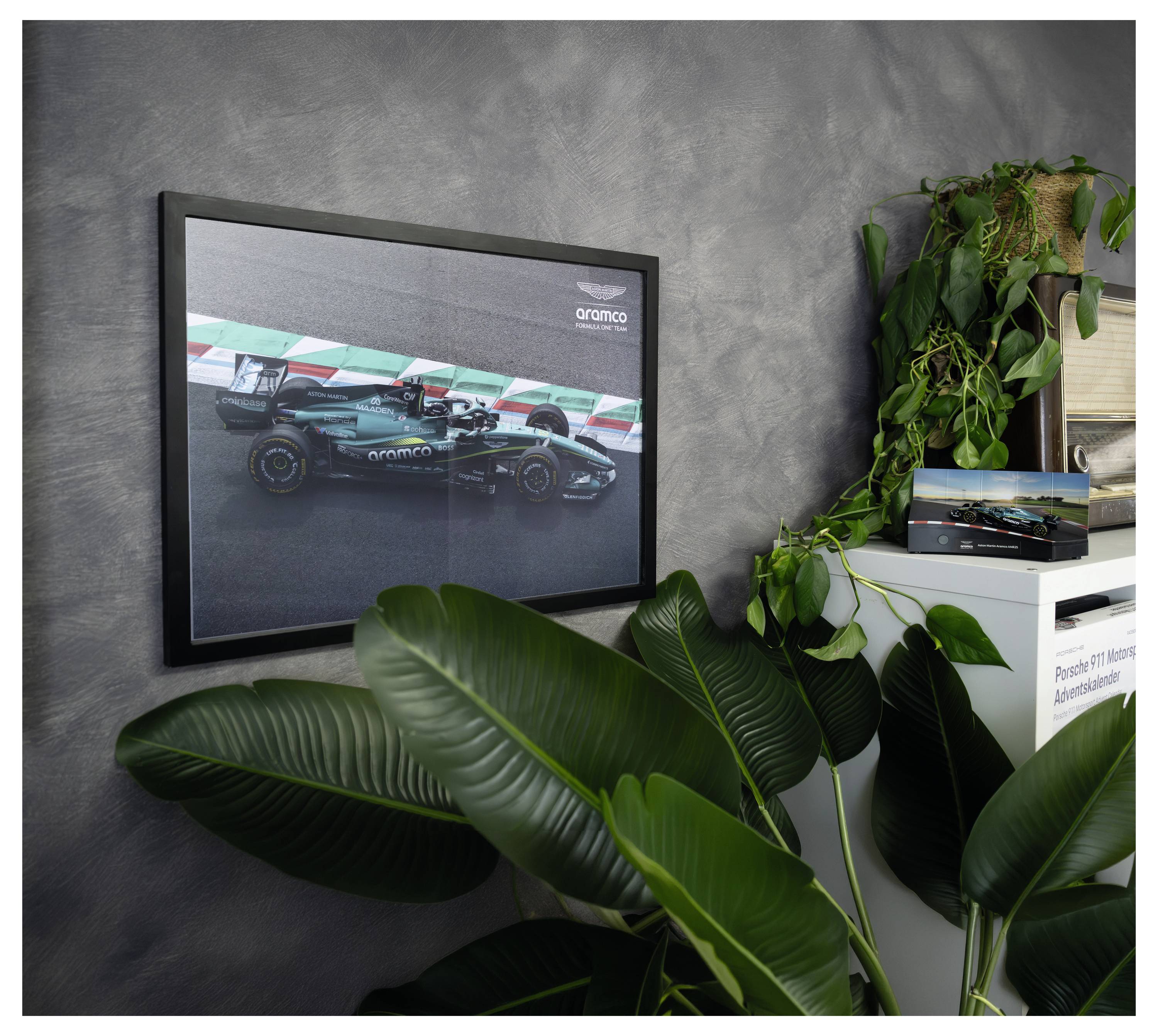 Gerahmtes Formel-1-Rennwagen-Foto an einer grauen Wand, umgeben von großen grünen Zimmerpflanzen und einem kleinen Displayregal mit einem Modellauto.