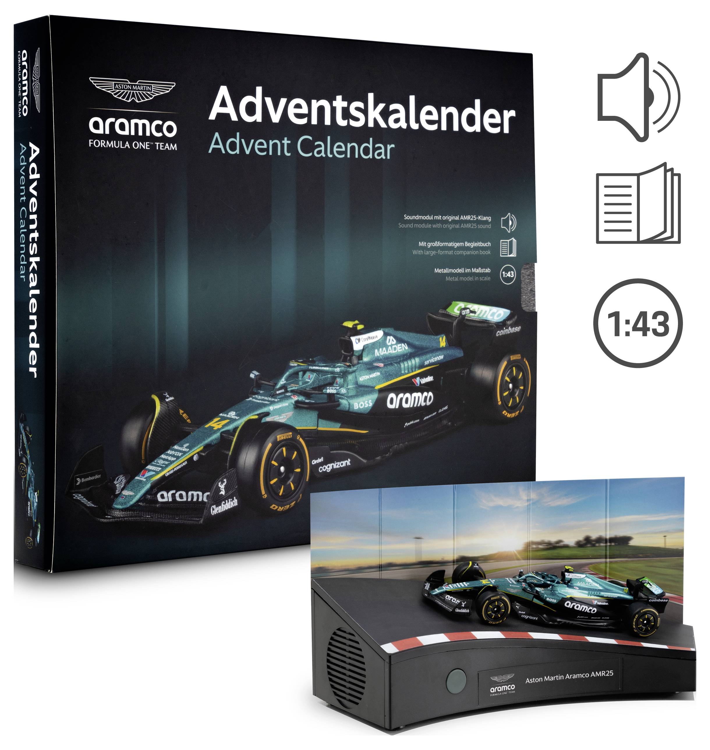 Aramco Formula One Team Adventskalender-Box mit einem türkisfarbenen Rennwagen-Bild und einer integrierten Anzeigefläche, auf der ein Aston Martin F1-Auto auf der Rennstrecke gezeigt wird.