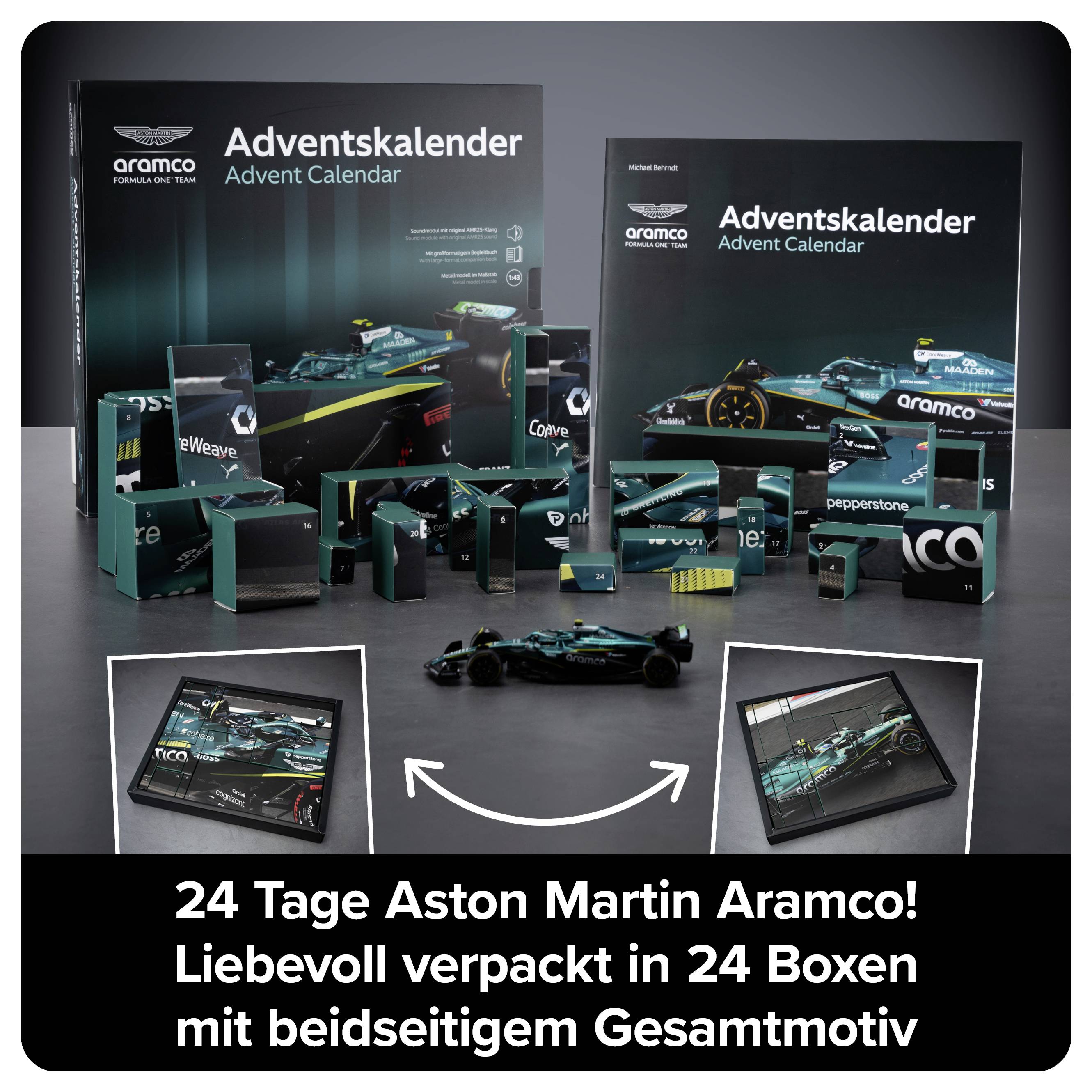 Aston Martin Aramco Adventskalender mit 24 Boxen und F1-Modellauto; Aufdruck: '24 Tage Aston Martin Aramco! Liebevoll verpackt in 24 Boxen mit beidseitigem Gesamtmotiv'