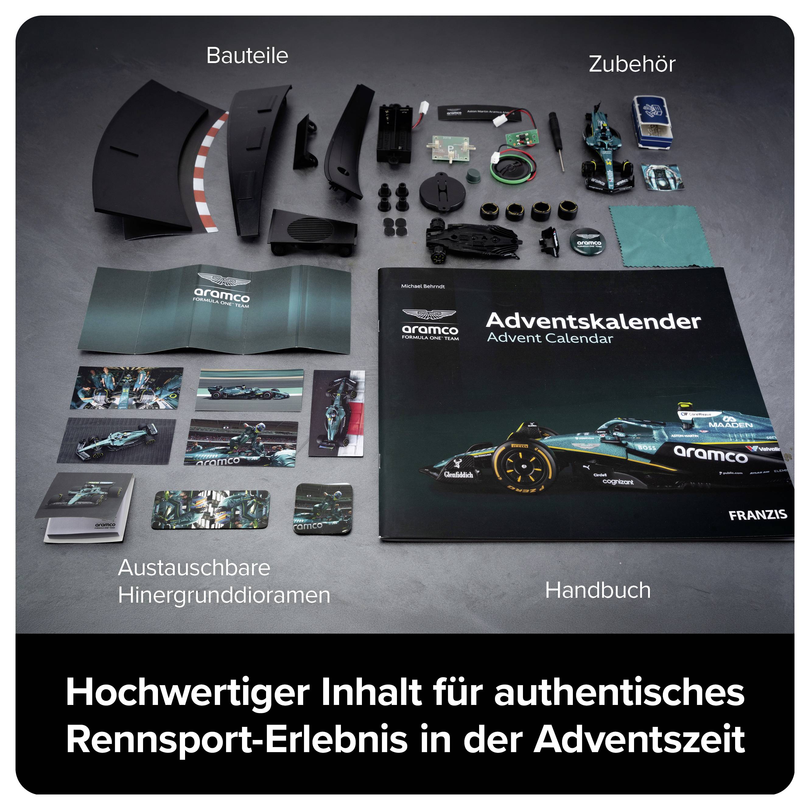 Inhalt eines Aramco-Formel-1-Adventskalenders: Bauteile, Zubehör, austauschbare Hintergründe und Handbuch für ein Rennsport-Erlebnis.