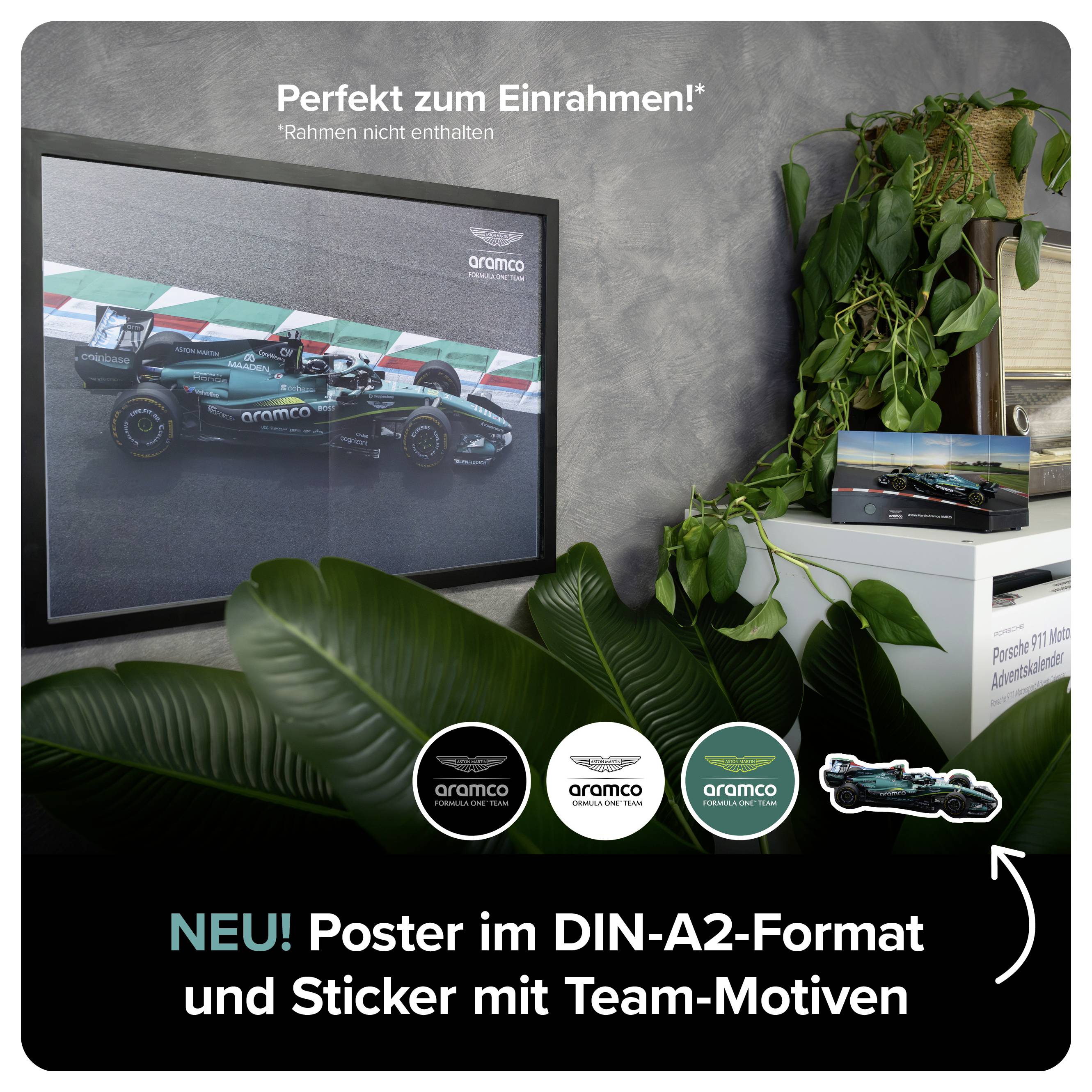 Werbeplakat mit gerahmtem Formel-1-Motiv, Sticker und Text 'Perfekt zum Einrahmen' sowie 'NEU! Poster im DIN-A2-Format und Sticker mit Team-Motiven'.