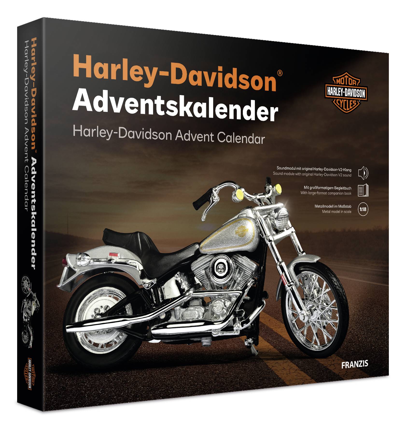 Harley-Davidson Adventskalender-Box mit einem Motorradbild und Harley-Davidson-Logos von Franzis.