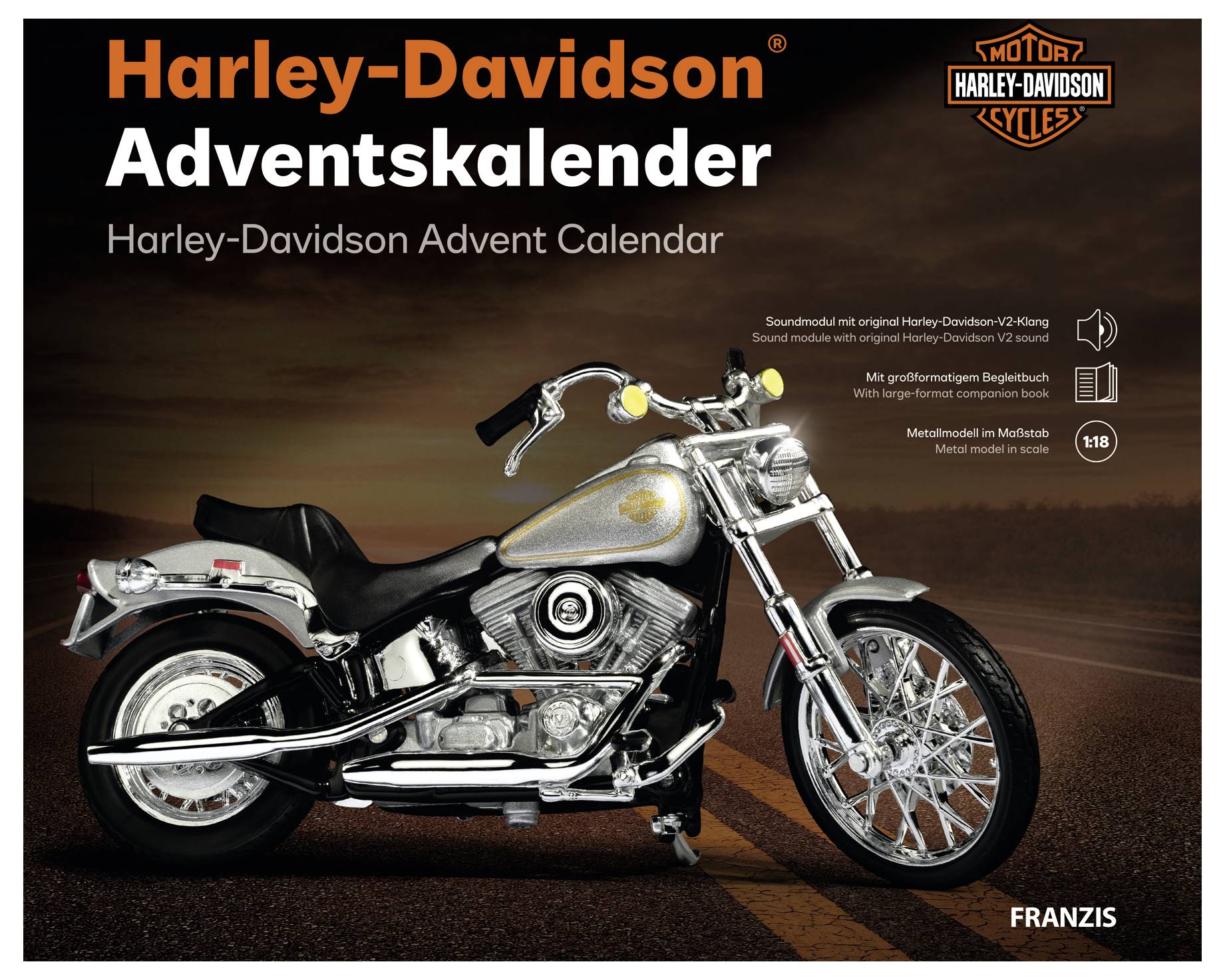 Harley-Davidson Adventskalender mit einer silbernen Harley-Davidson Motorrad, mit deutschem Titeltext und dem FRANZIS Logo.