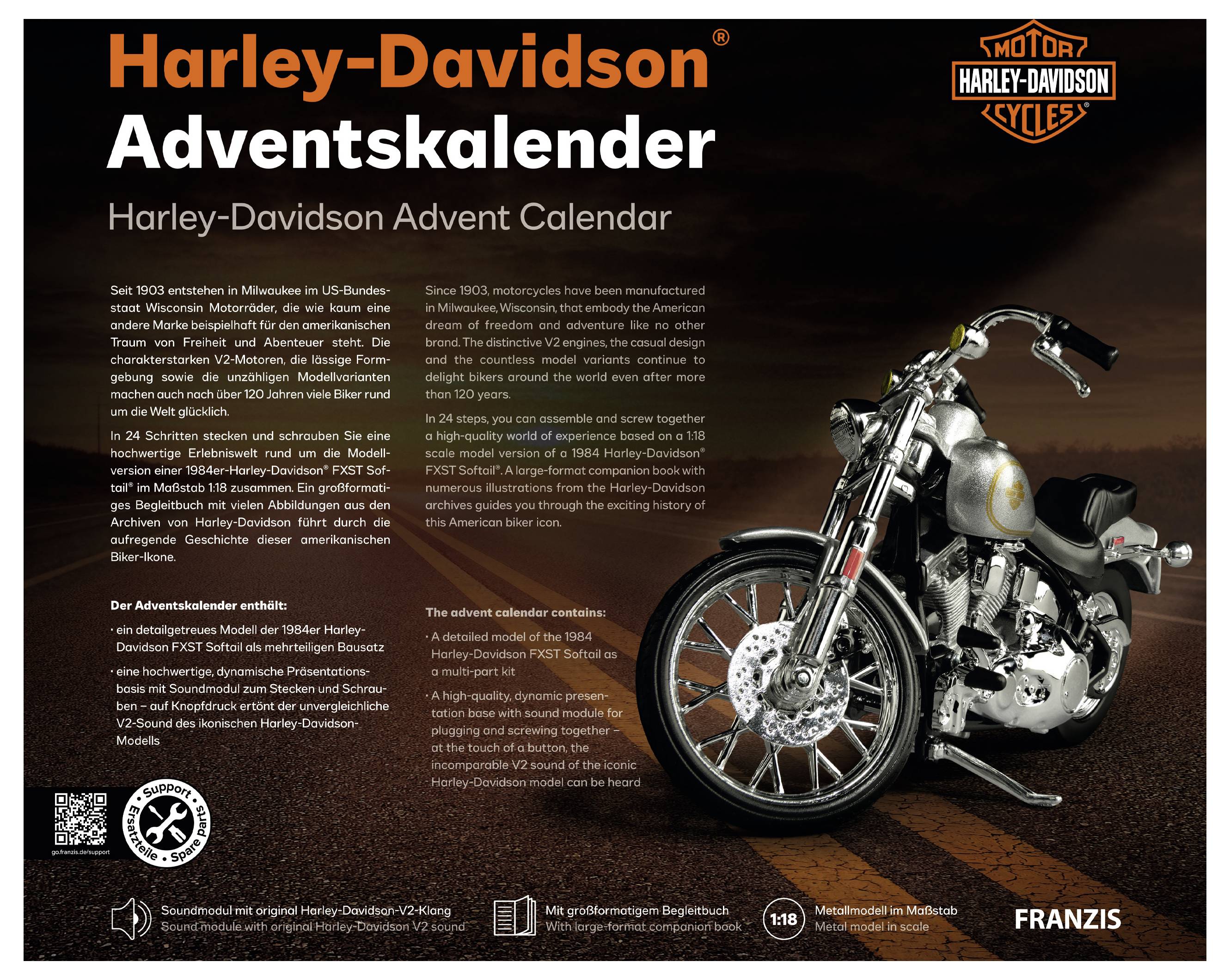 Harley-Davidson Adventskalender mit einem verchromten Motorrad auf dunklem Hintergrund und deutschem Werbetext für den Adventskalender.