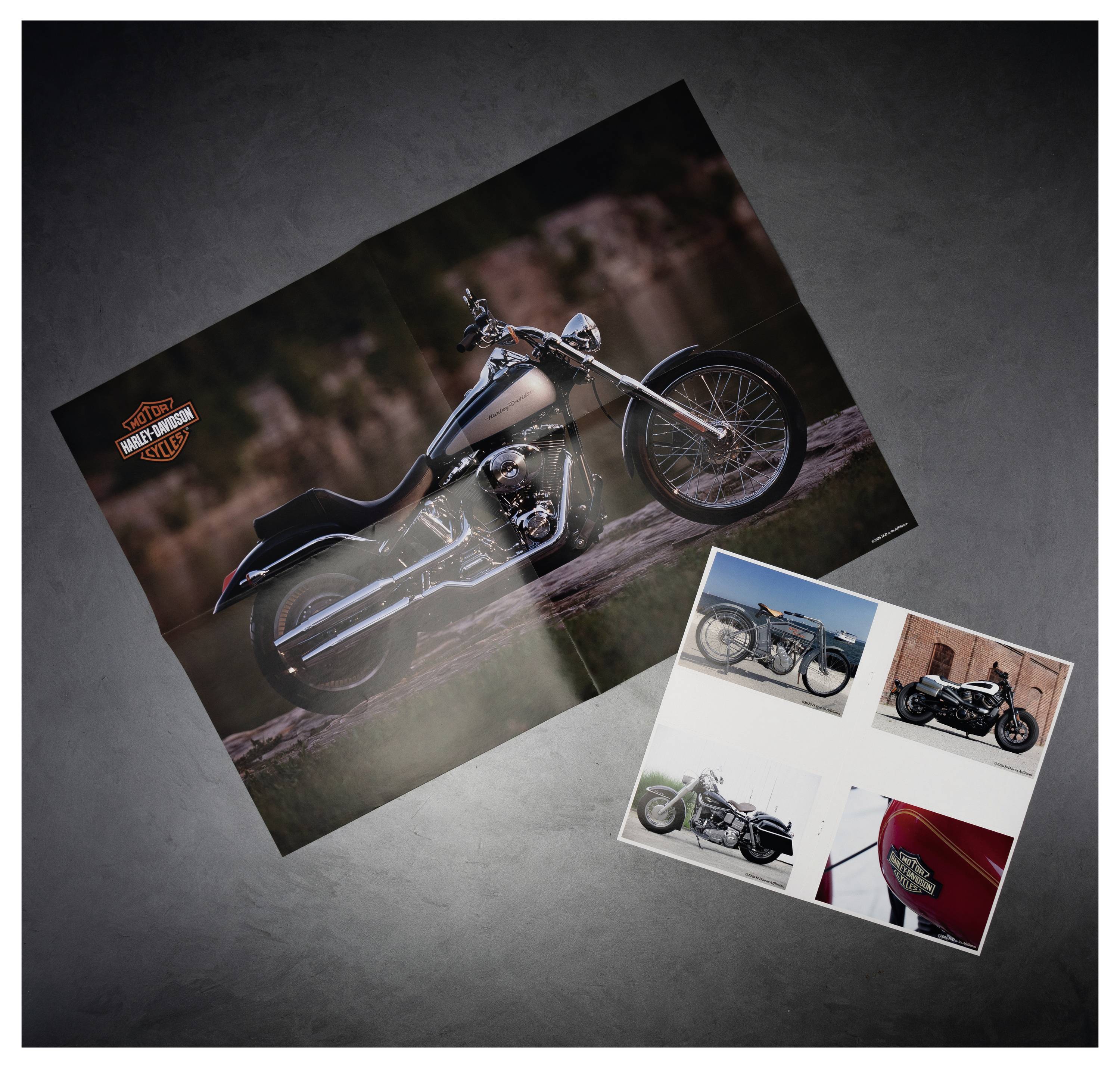 Eine Harley-Davidson-Motorrad-Collage mit einem großen schrägen Foto und vier kleineren Motorradbildern auf grauem Hintergrund.