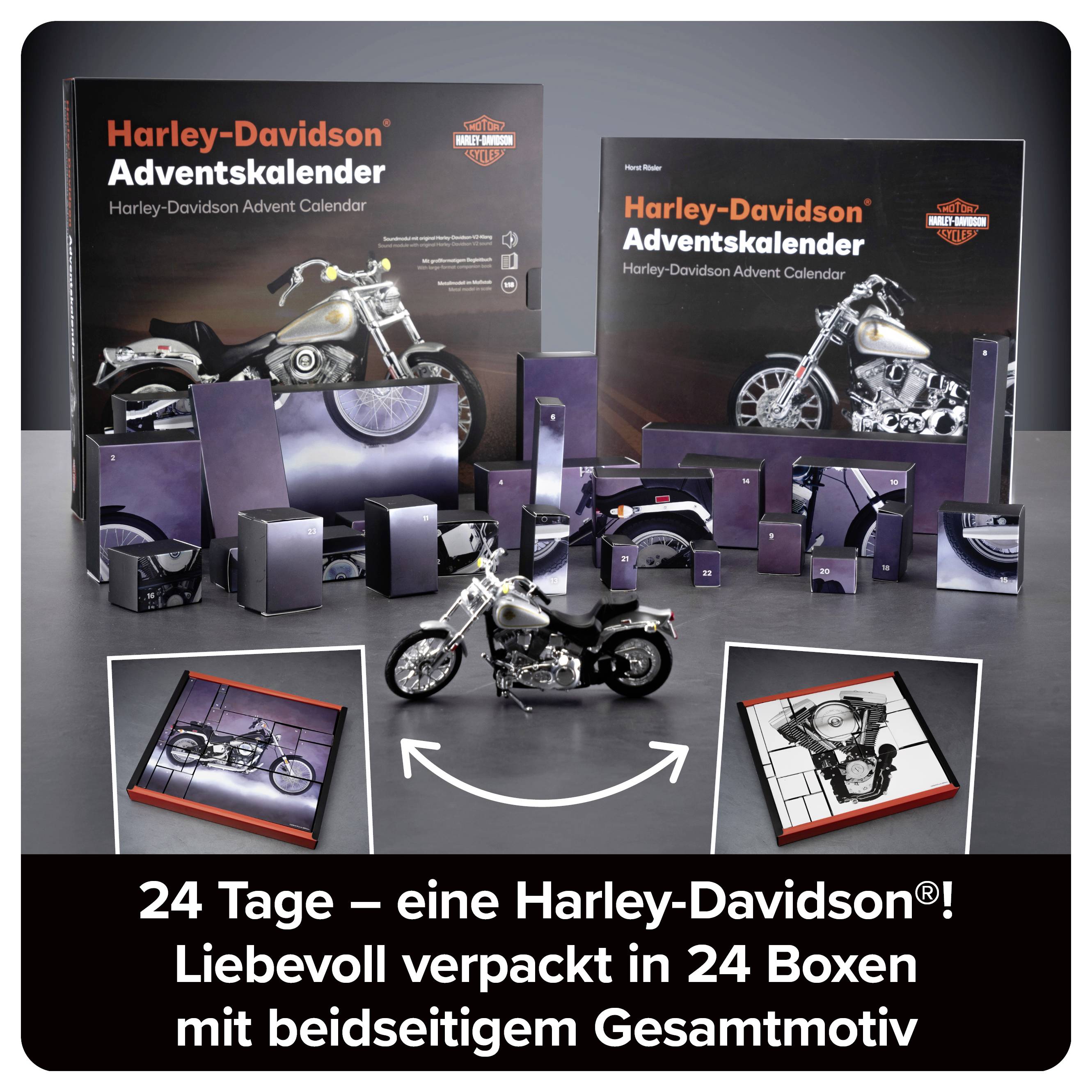 Werbebild für den Harley-Davidson-Adventskalender: 24 Boxen mit Motorradmodell, beidseitigem Gesamtmotiv und großer Verpackung.