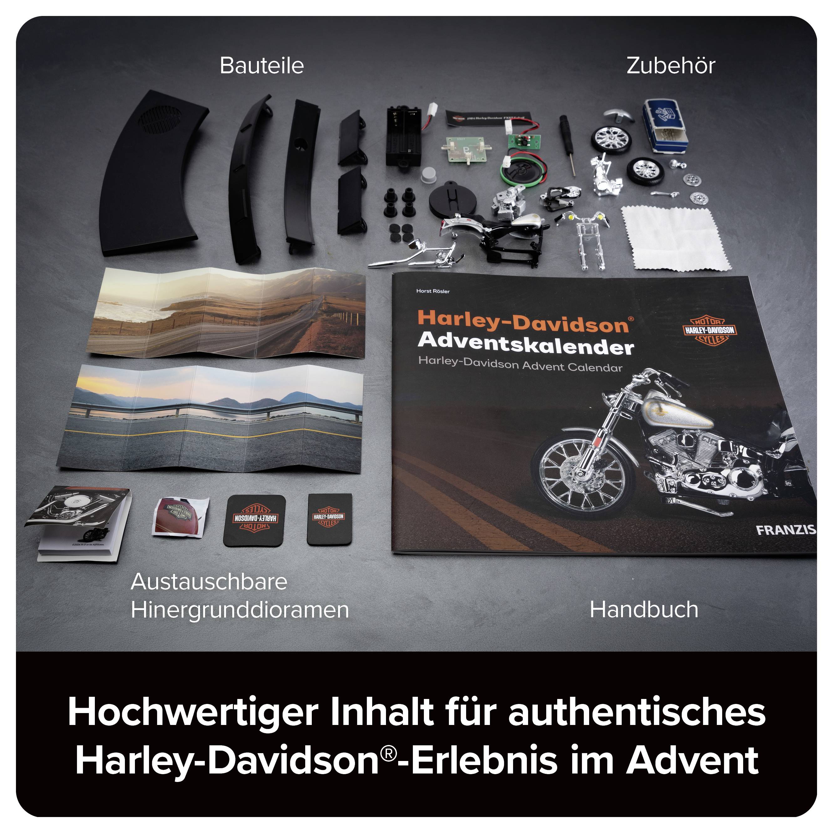 Produktabbildung eines Harley-Davidson-Adventskalenders mit Teilen, Zubehör, austauschbaren Hintergrunddioramen und Handbuch; unten Slogan zum authentischen Harley-Davidson-Erlebnis im Advent.