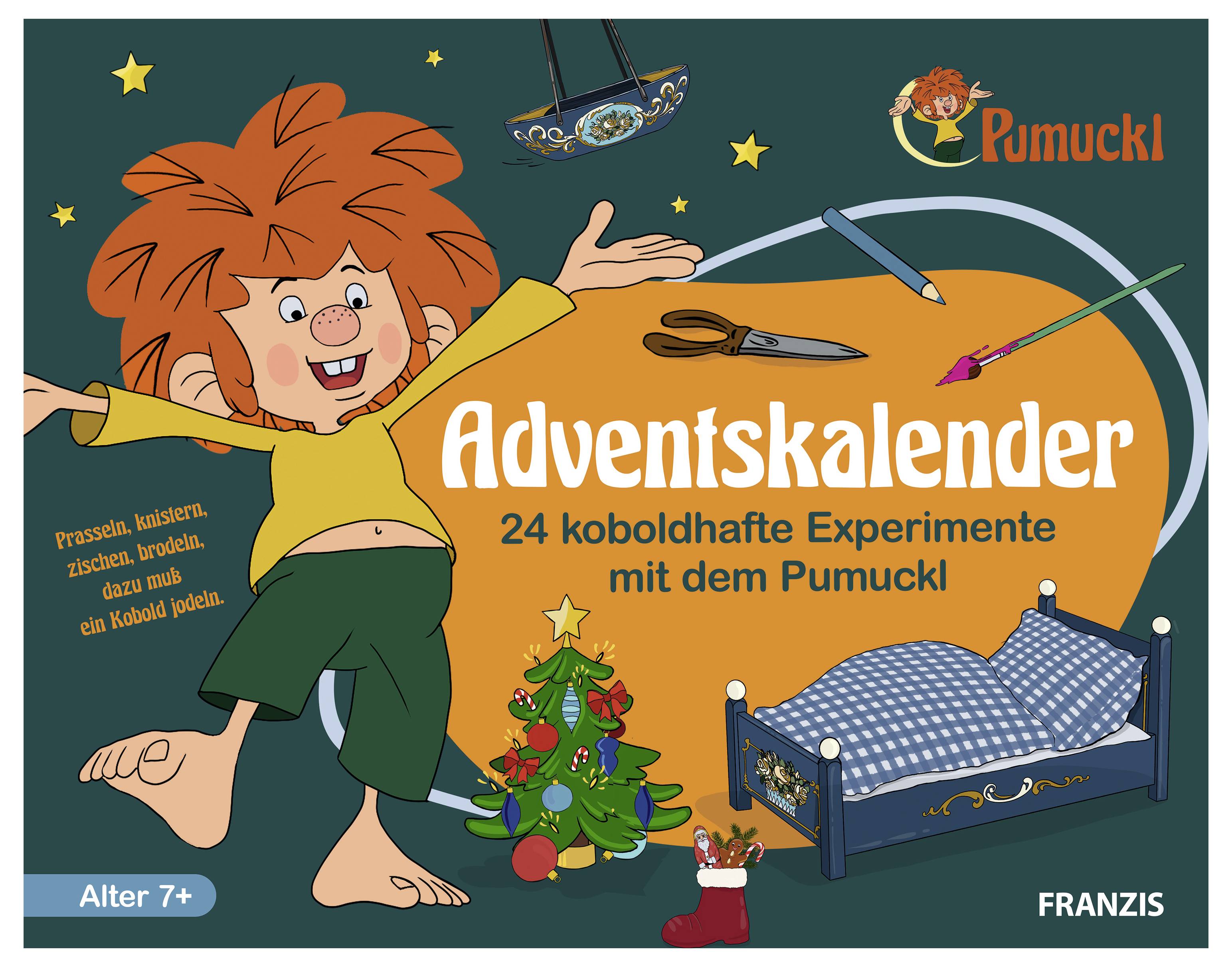 Illustrierte Titelseite für „Adventskalender": Pumuckl steht neben einem Spielzeugbett und Weihnachtsbaum und bewirbt 24 Bastelexperimente für Kinder ab 7 Jahren