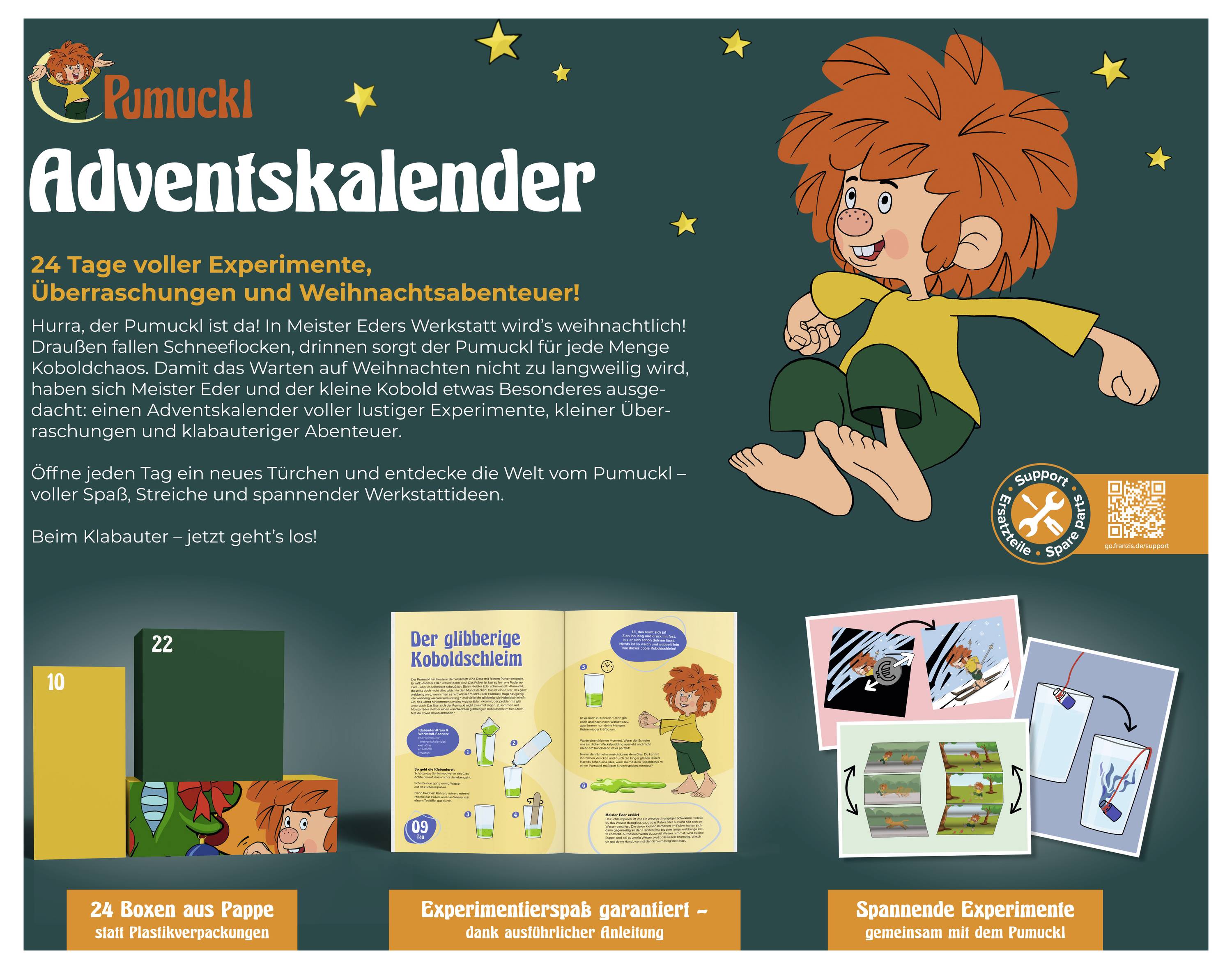 Werbeplaket für „Pumuckl Adventskalender" mit 24 Tagen voller Experimente und Weihnachtsüberraschungen, mit Cartoon-Pumuckl, Beispielaktivitäten und einem QR-Code für weitere Informationen.